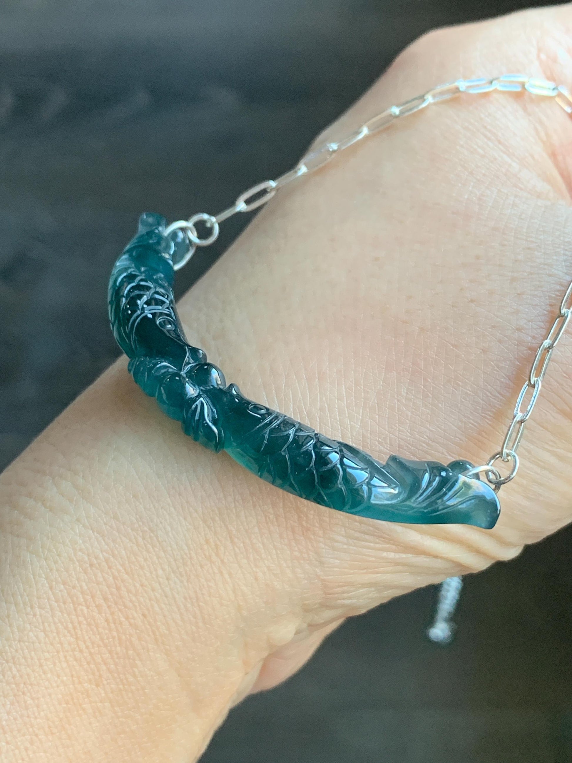 Natural Guatemalan Icy Translucent Deep Teal Blue Jadeite Double Fish Crescent Pendant 999 Sterling Silver Necklace 20” 天然冰胶危料湖水蓝翡翠双鱼玉横足银项链