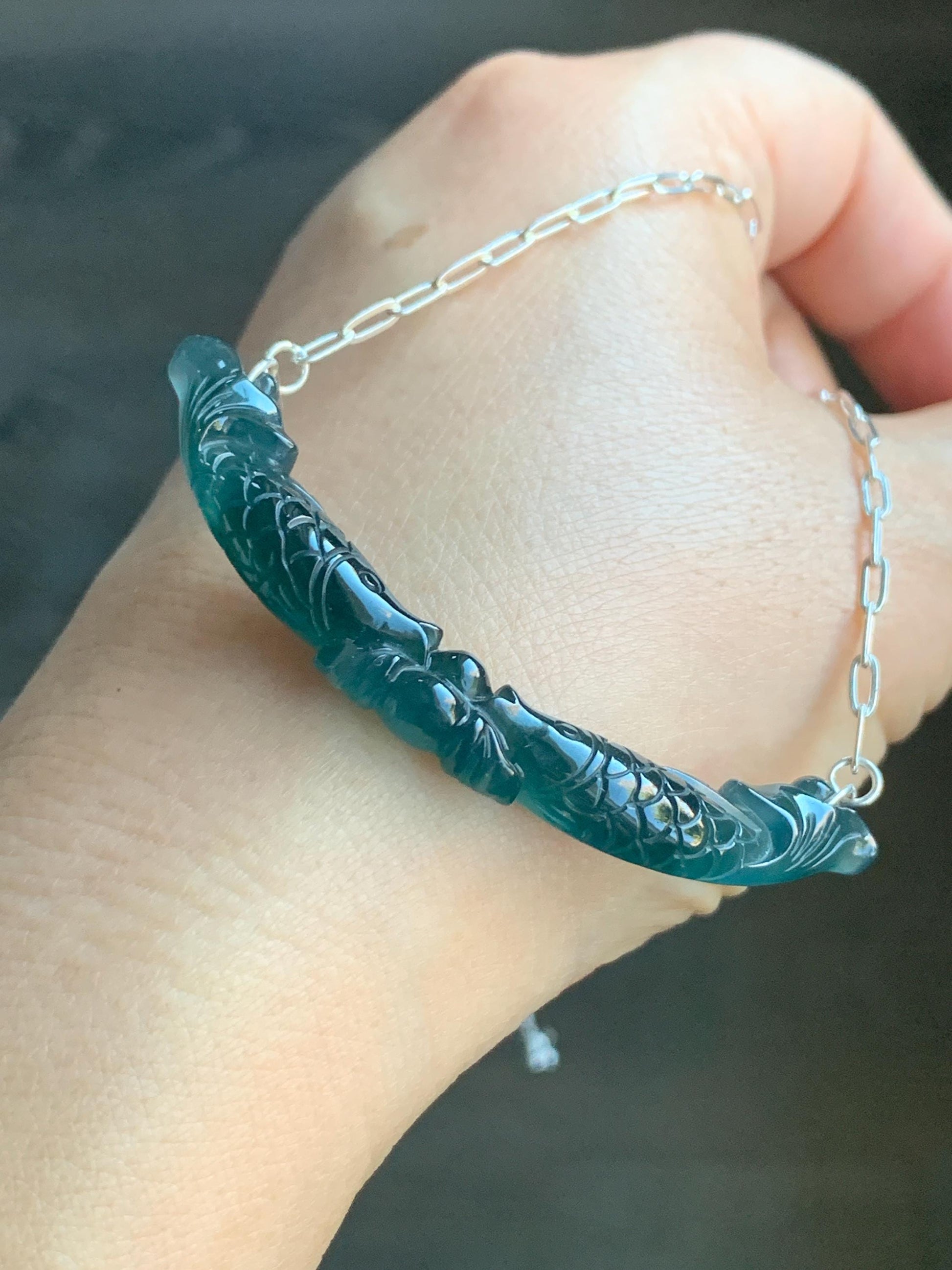 Natural Guatemalan Icy Translucent Deep Teal Blue Jadeite Double Fish Crescent Pendant 999 Sterling Silver Necklace 20” 天然冰胶危料湖水蓝翡翠双鱼玉横足银项链