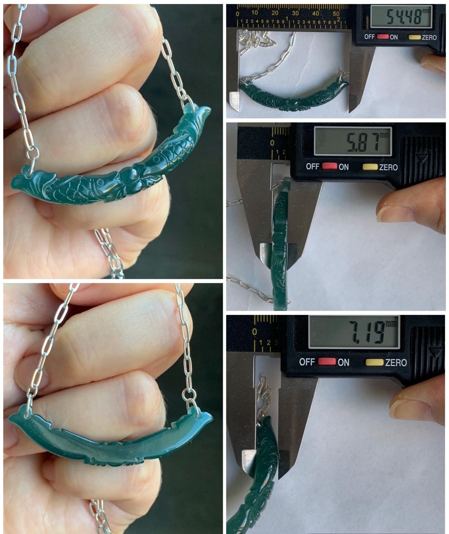 Natural Guatemalan Icy Translucent Deep Teal Blue Jadeite Double Fish Crescent Pendant 999 Sterling Silver Necklace 20” 天然冰胶危料湖水蓝翡翠双鱼玉横足银项链