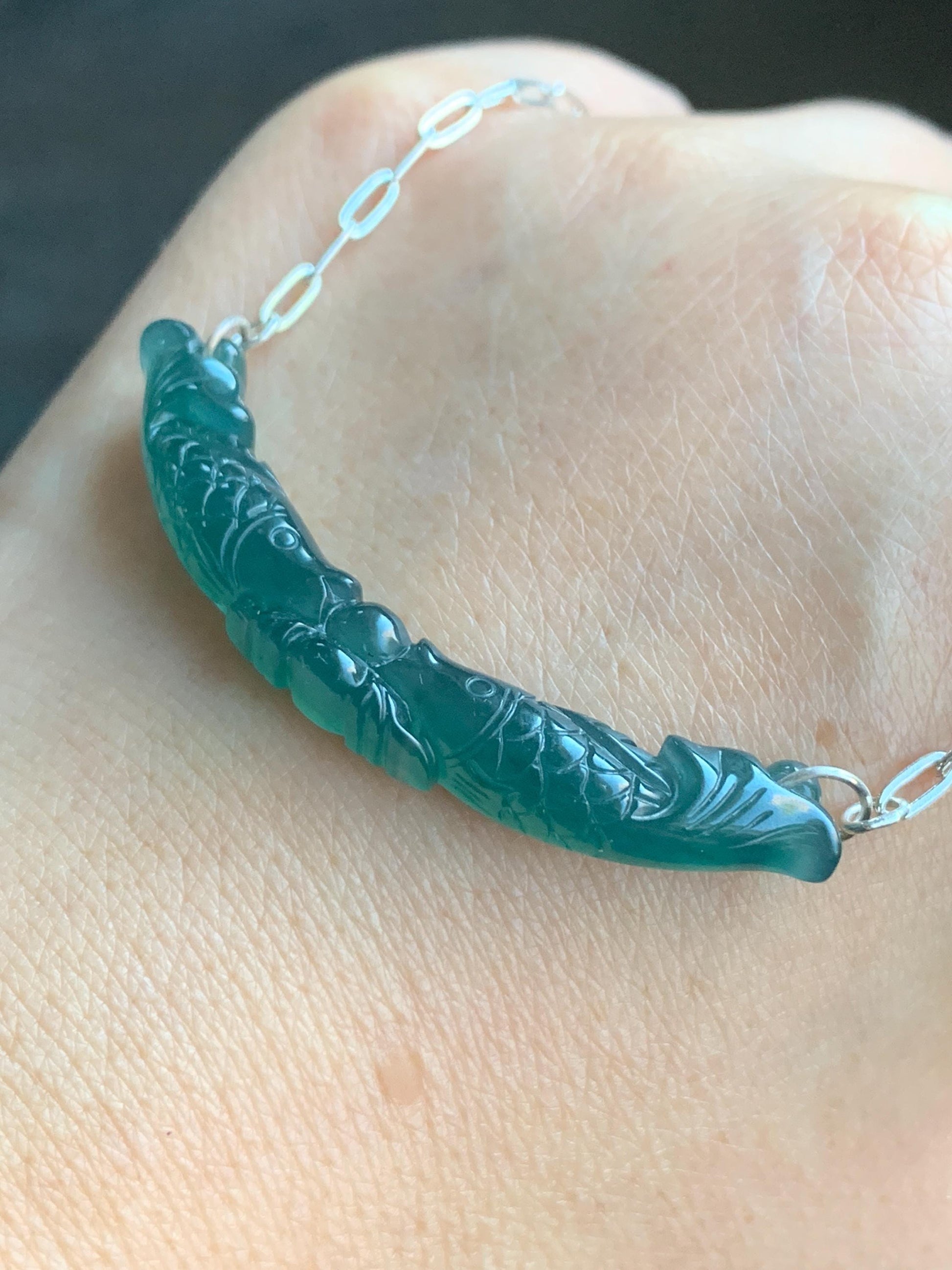 Natural Guatemalan Icy Translucent Deep Teal Blue Jadeite Double Fish Crescent Pendant 999 Sterling Silver Necklace 20” 天然冰胶危料湖水蓝翡翠双鱼玉横足银项链