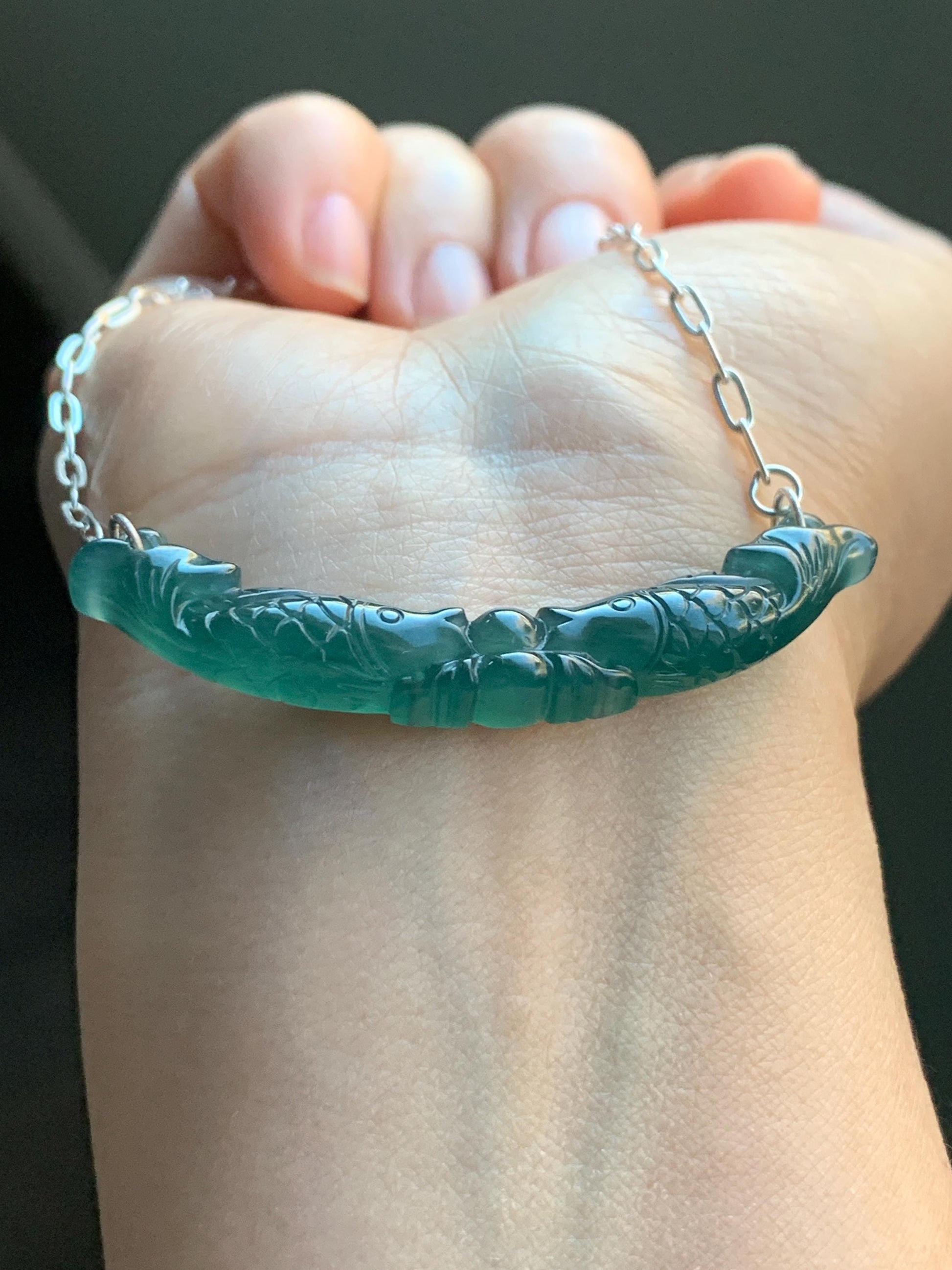 Natural Guatemalan Icy Translucent Deep Teal Blue Jadeite Double Fish Crescent Pendant 999 Sterling Silver Necklace 20” 天然冰胶危料湖水蓝翡翠双鱼玉横足银项链