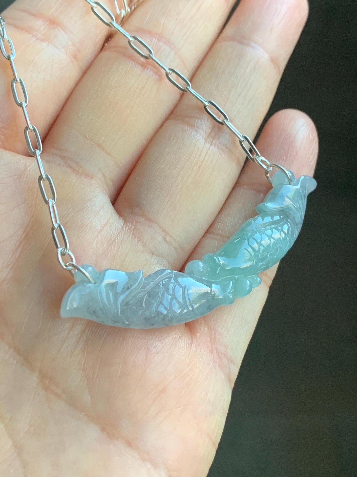 Natural Burmese Icy Translucent Wuji Green Marbled Jadeite Double Fish Crescent Pendant 999 Sterling Silver Necklace 20” 天然缅甸冰乌鸡绿翡翠双鱼玉横足银项链
