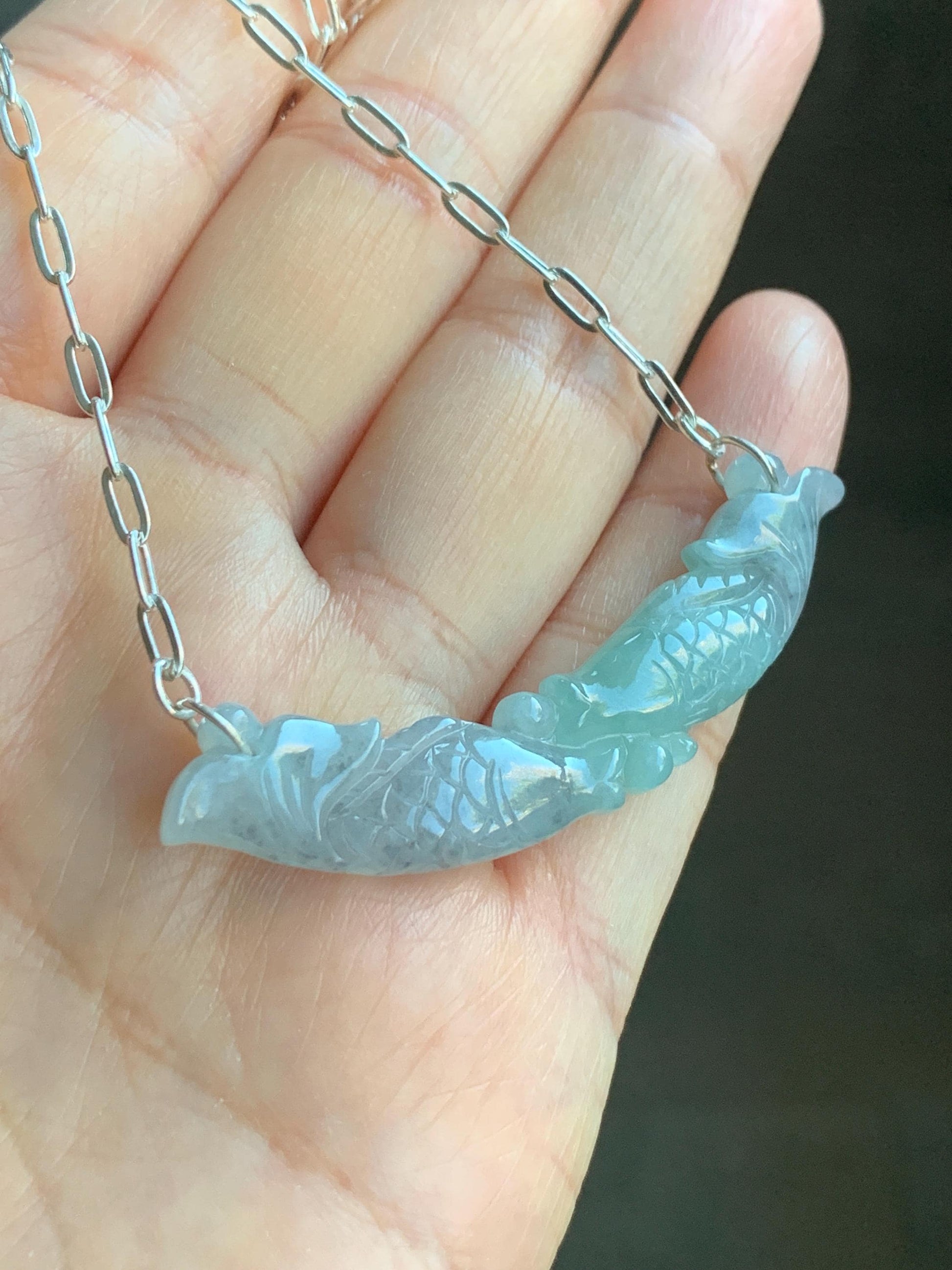 Natural Burmese Icy Translucent Wuji Green Marbled Jadeite Double Fish Crescent Pendant 999 Sterling Silver Necklace 20” 天然缅甸冰乌鸡绿翡翠双鱼玉横足银项链