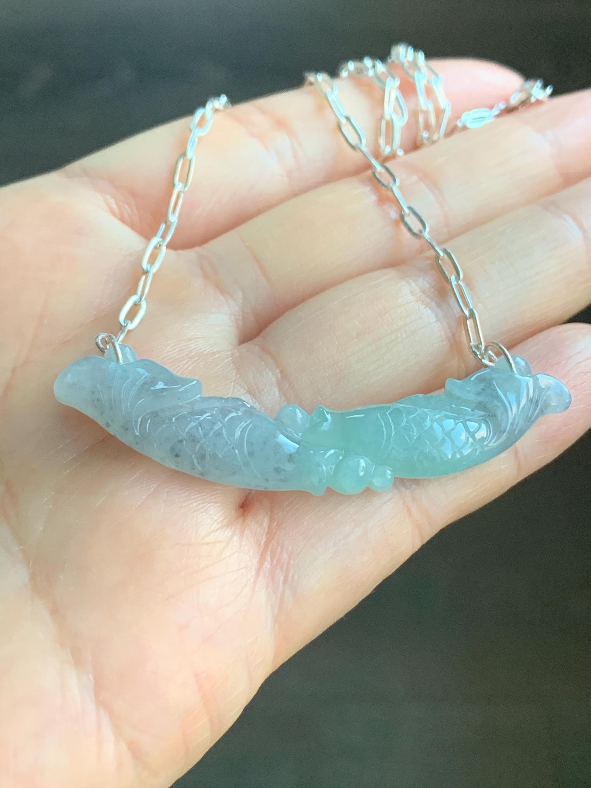 Natural Burmese Icy Translucent Wuji Green Marbled Jadeite Double Fish Crescent Pendant 999 Sterling Silver Necklace 20” 天然缅甸冰乌鸡绿翡翠双鱼玉横足银项链