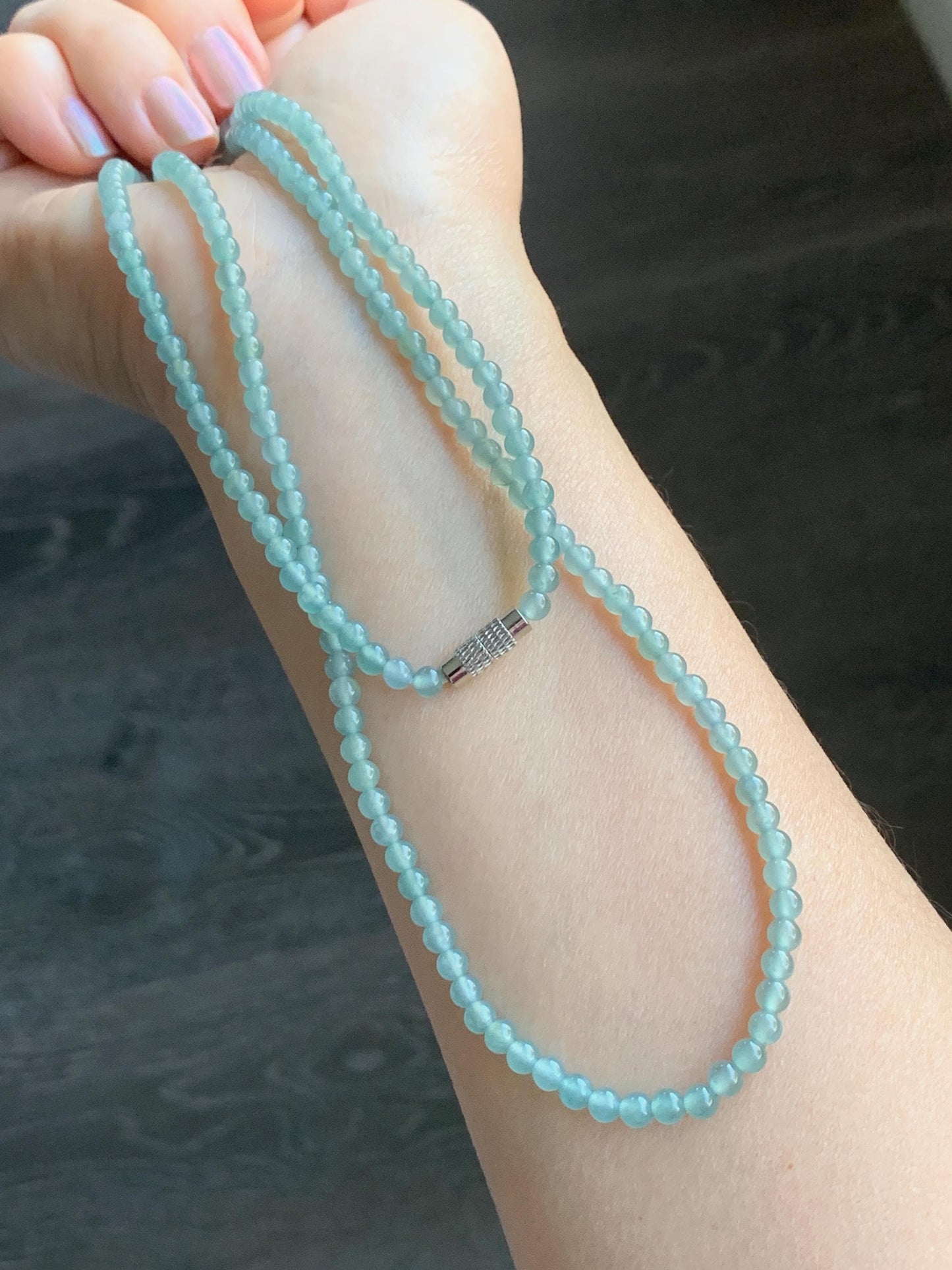 Natural Guatemalan Icy Highly Translucent Gelatinous Light Teal Blue Jadeite Petite Beaded Necklace 25.76” 3.8mm 17g 天然冰危淡蓝翡翠小卡珠项链 XWZ1129
