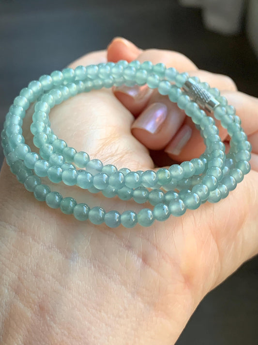 Natural Guatemalan Icy Highly Translucent Gelatinous Light Teal Blue Jadeite Petite Beaded Necklace 25.76” 3.8mm 17g 天然冰危淡蓝翡翠小卡珠项链 XWZ1129