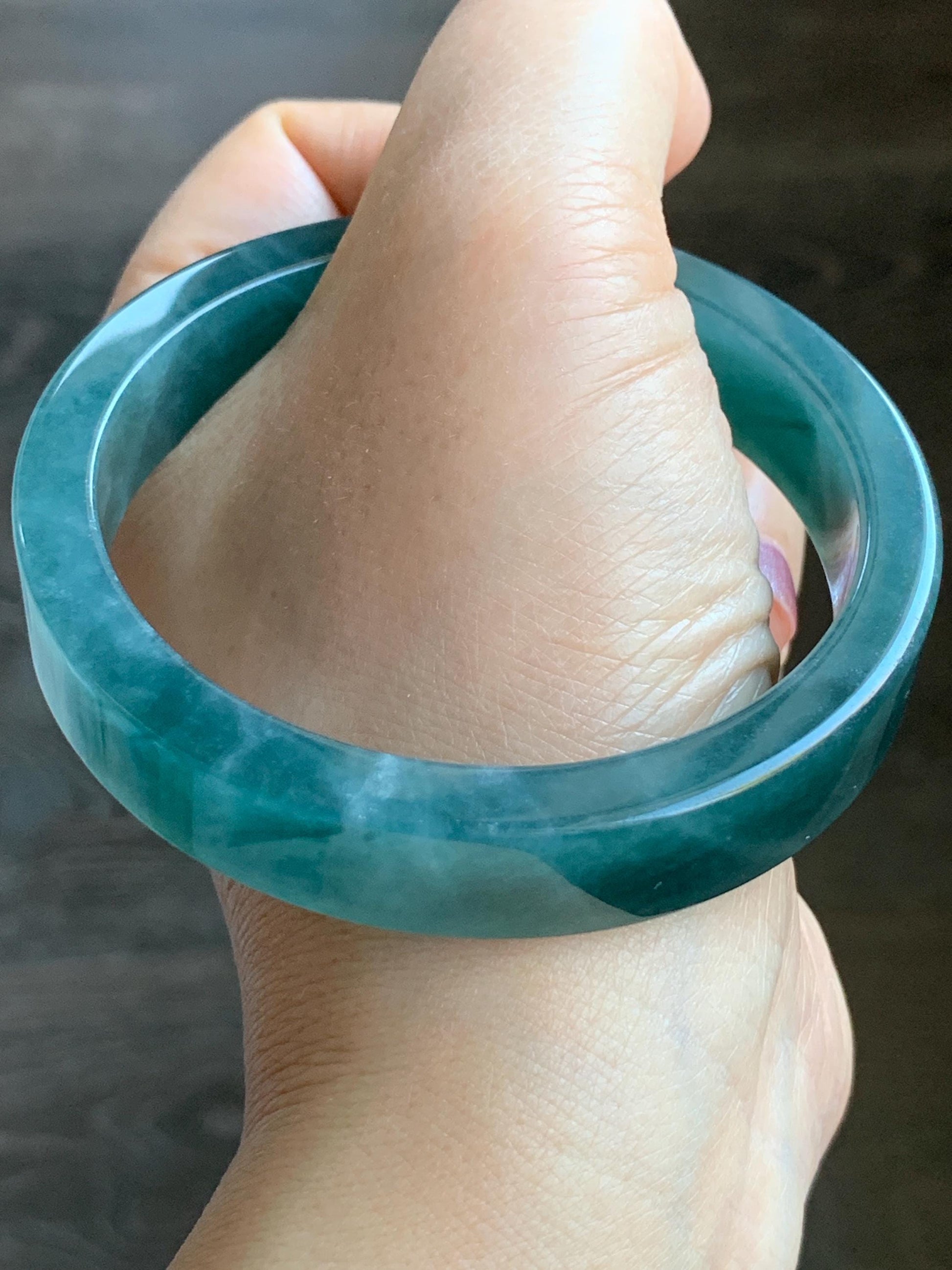 Certified Natural Guatemalan Icy Translucent Dark Blue Jeans Jadeite Wide Square Edged Bangle Bracelet 59.5mm 7.25" 55g 天然冰危牛仔蓝翡翠轮胎方镯手镯 7814