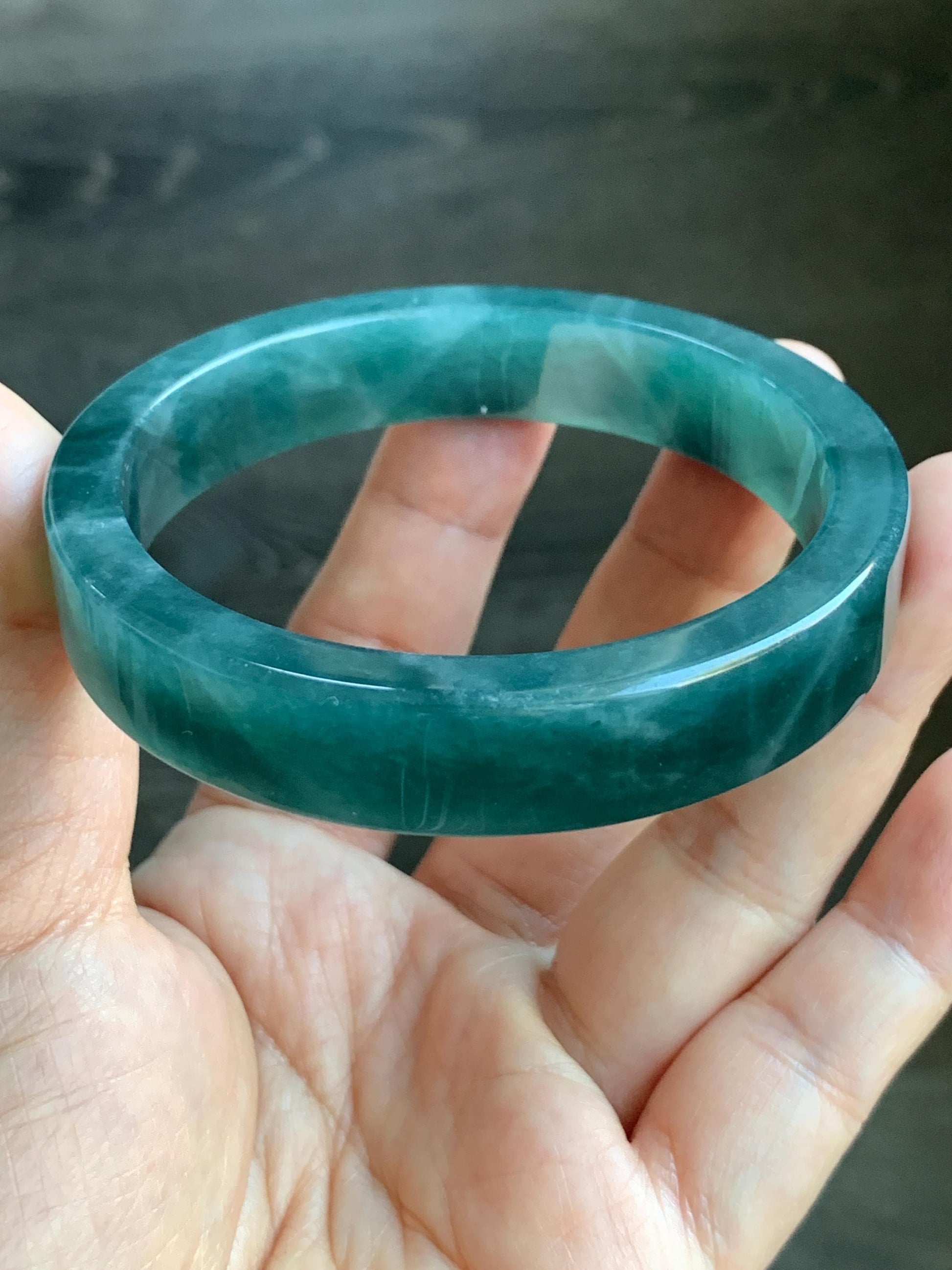 Certified Natural Guatemalan Icy Translucent Dark Blue Jeans Jadeite Wide Square Edged Bangle Bracelet 59.5mm 7.25" 55g 天然冰危牛仔蓝翡翠轮胎方镯手镯 7814
