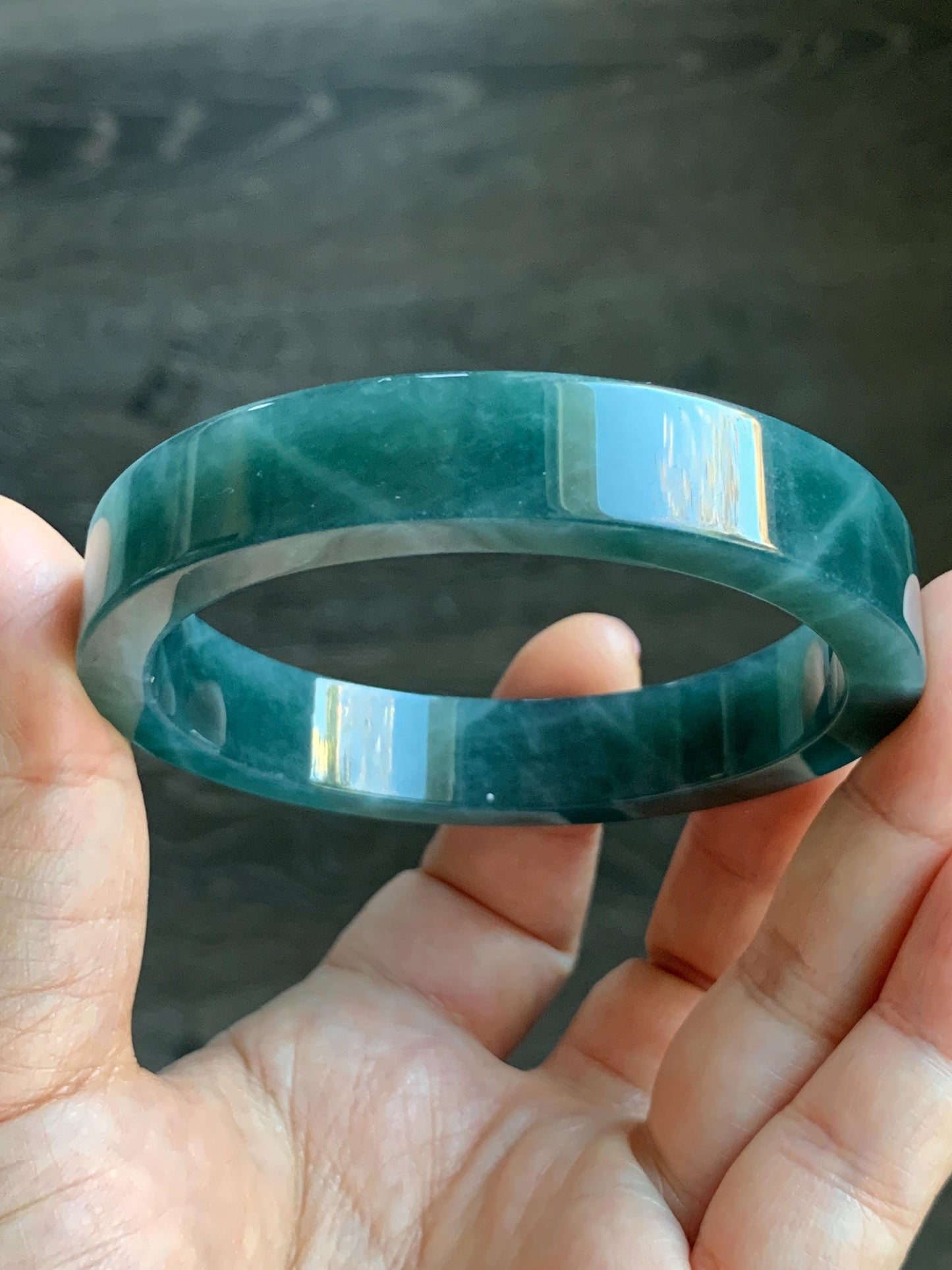 Certified Natural Guatemalan Icy Translucent Dark Blue Jeans Jadeite Wide Square Edged Bangle Bracelet 59.5mm 7.25" 55g 天然冰危牛仔蓝翡翠轮胎方镯手镯 7814