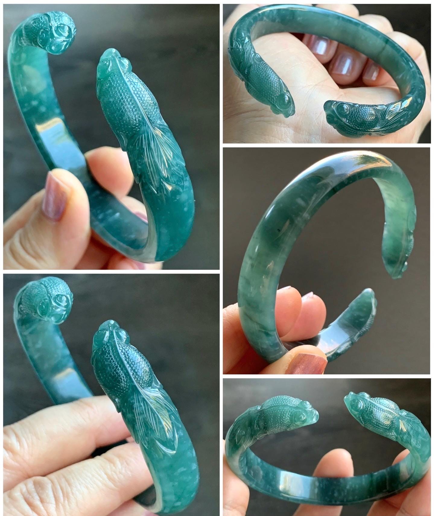 Certified Natural Guatemalan Icy Translucent Dark Teal Blue Jadeite Carved Double Goldfish Open Bangle 57.6mm 7" 38g 天然冰危深蓝翡翠轮胎双鱼雕开口手镯 7823
