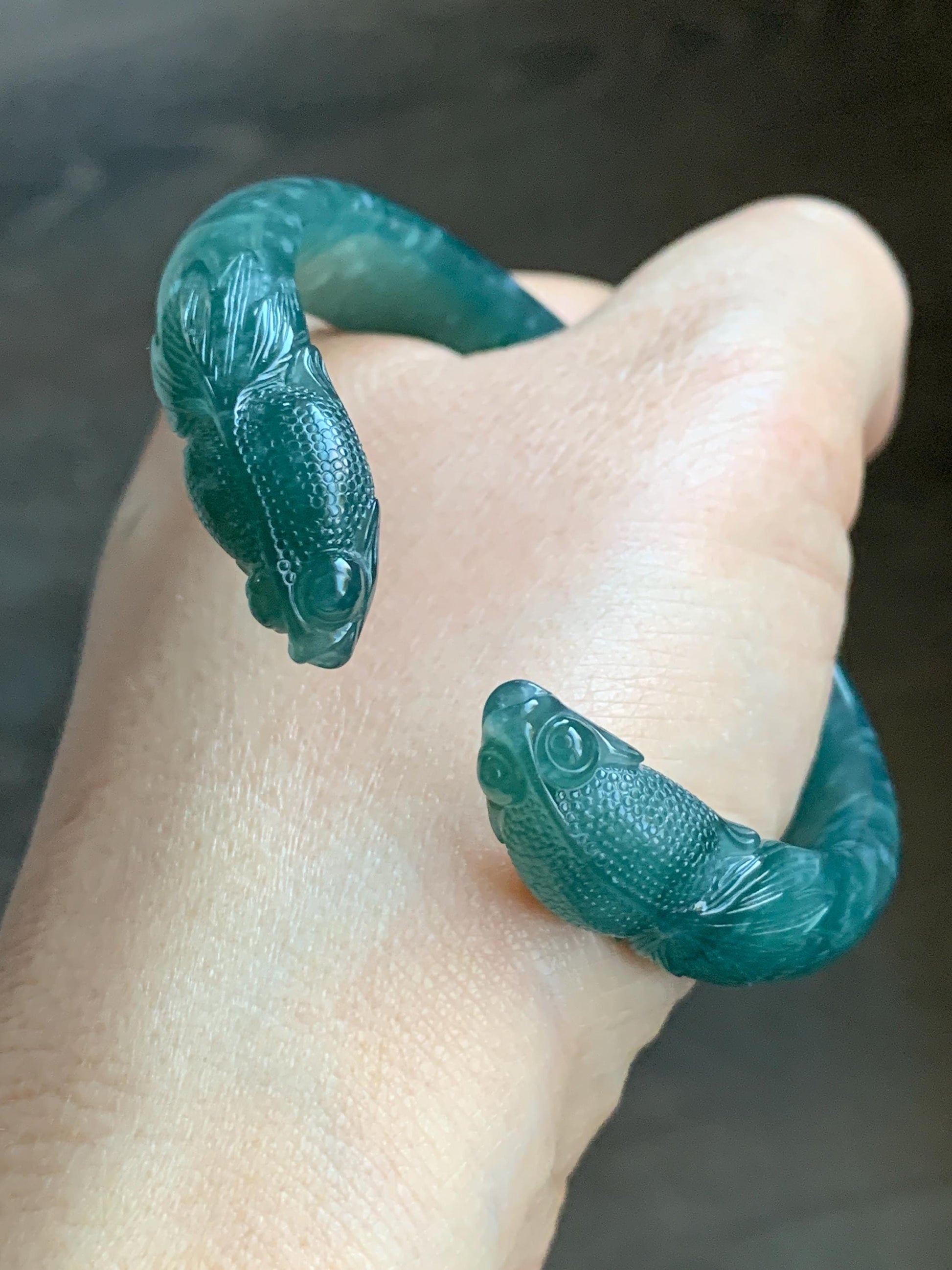 Certified Natural Guatemalan Icy Translucent Dark Teal Blue Jadeite Carved Double Goldfish Open Bangle 57.6mm 7" 38g 天然冰危深蓝翡翠轮胎双鱼雕开口手镯 7823