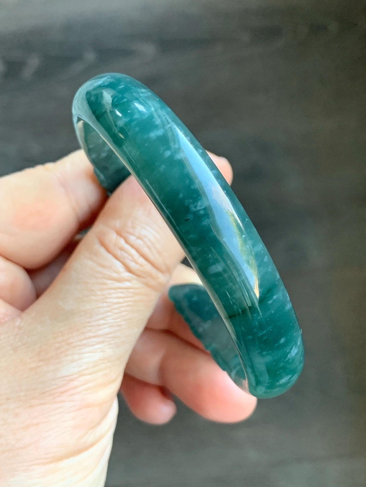 Certified Natural Guatemalan Icy Translucent Dark Teal Blue Jadeite Carved Double Goldfish Open Bangle 57.6mm 7" 38g 天然冰危深蓝翡翠轮胎双鱼雕开口手镯 7823