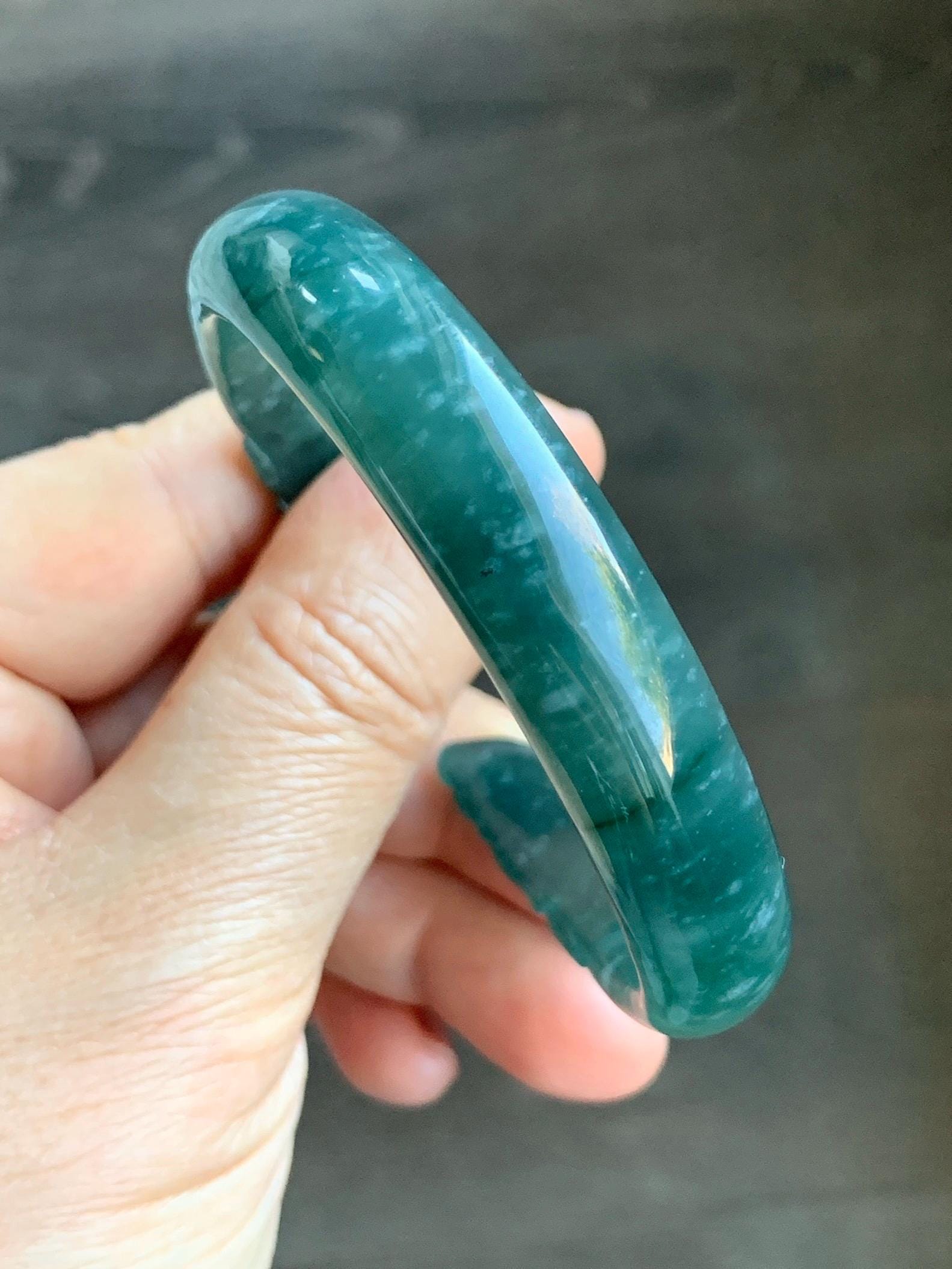 Certified Natural Guatemalan Icy Translucent Dark Teal Blue Jadeite Carved Double Goldfish Open Bangle 57.6mm 7" 38g 天然冰危深蓝翡翠轮胎双鱼雕开口手镯 7823