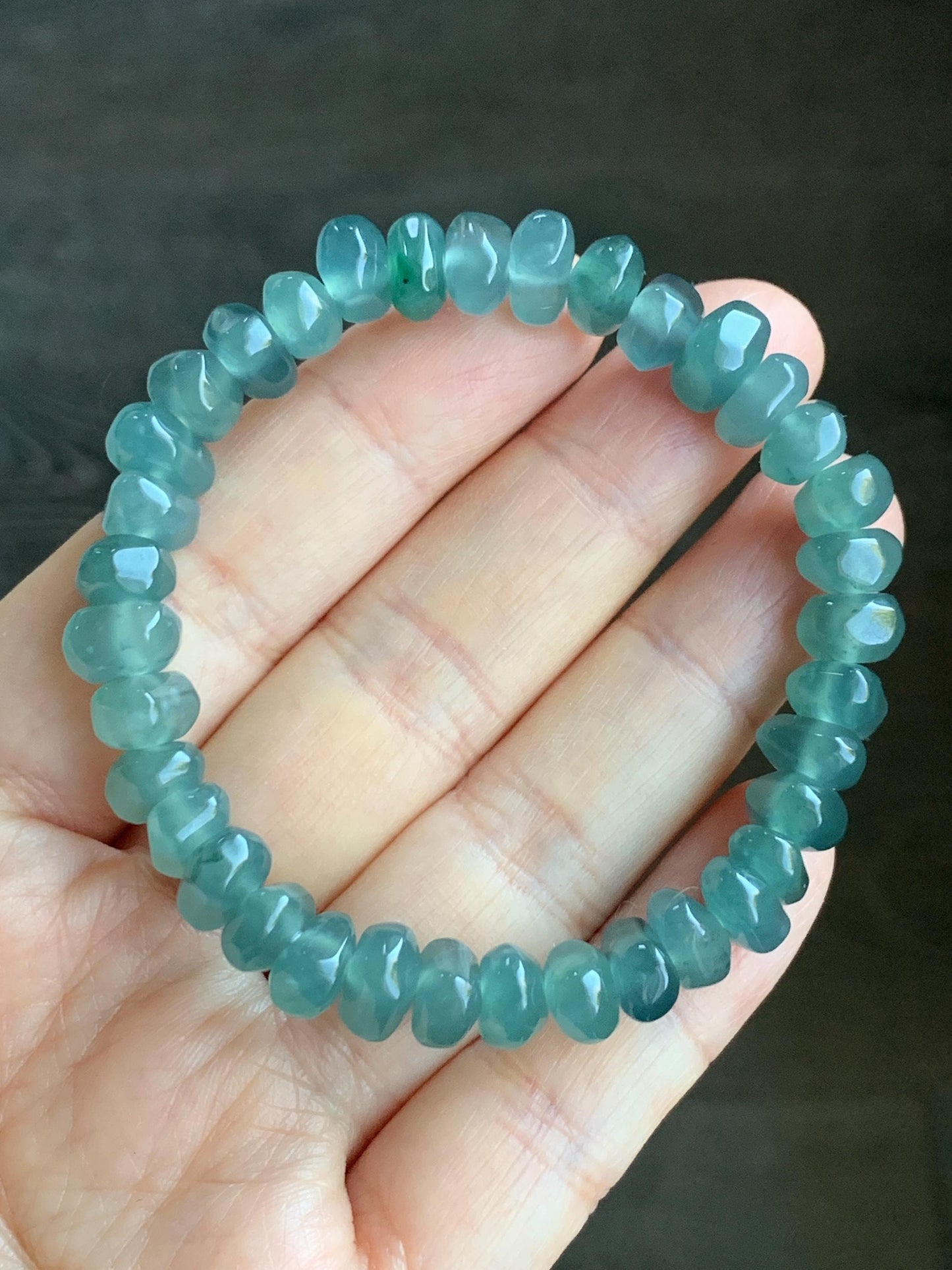 Natural Guatemalan Icy Highly Translucent Teal Blue Jadeite Pomegranate Nugget Beads Beaded Bracelet Stretchy 6.5” 21g 天然冰危蓝水翡翠随形珠手串 No 1