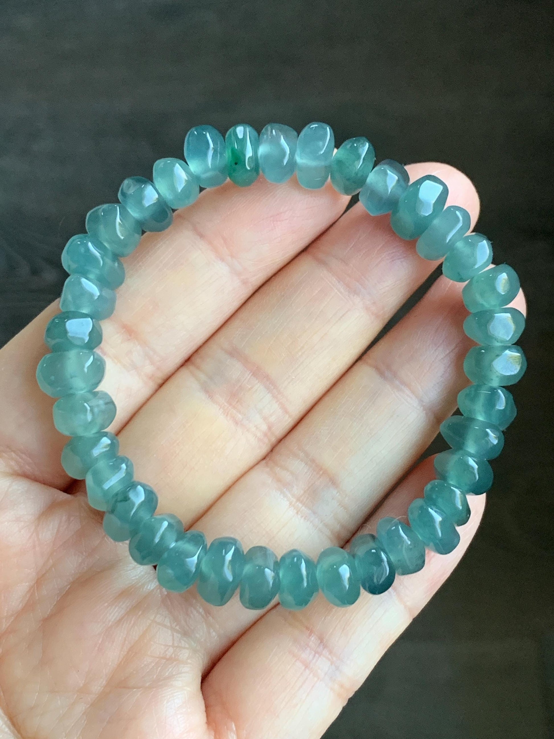 Natural Guatemalan Icy Highly Translucent Teal Blue Jadeite Pomegranate Nugget Beads Beaded Bracelet Stretchy 6.5” 21g 天然冰危蓝水翡翠随形珠手串 No 1