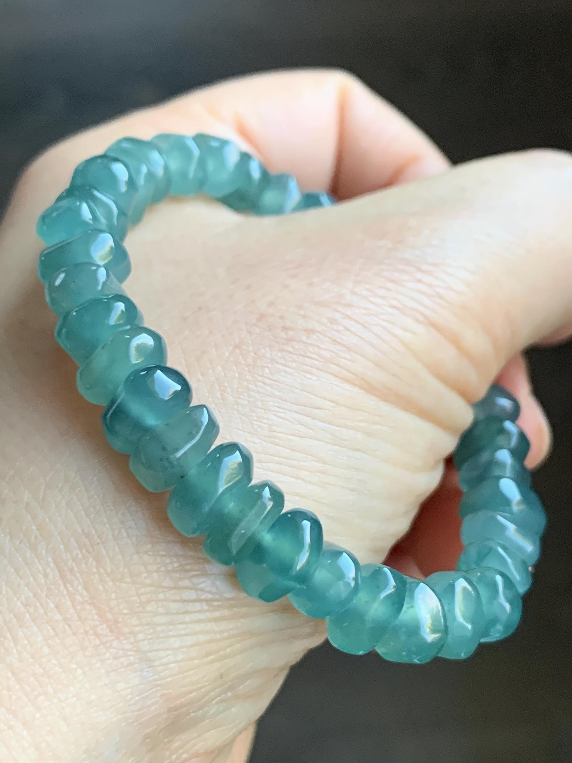 Natural Guatemalan Icy Highly Translucent Teal Blue Jadeite Pomegranate Nugget Beads Beaded Bracelet Stretchy 6.5” 21g 天然冰危蓝水翡翠随形珠手串 No 1