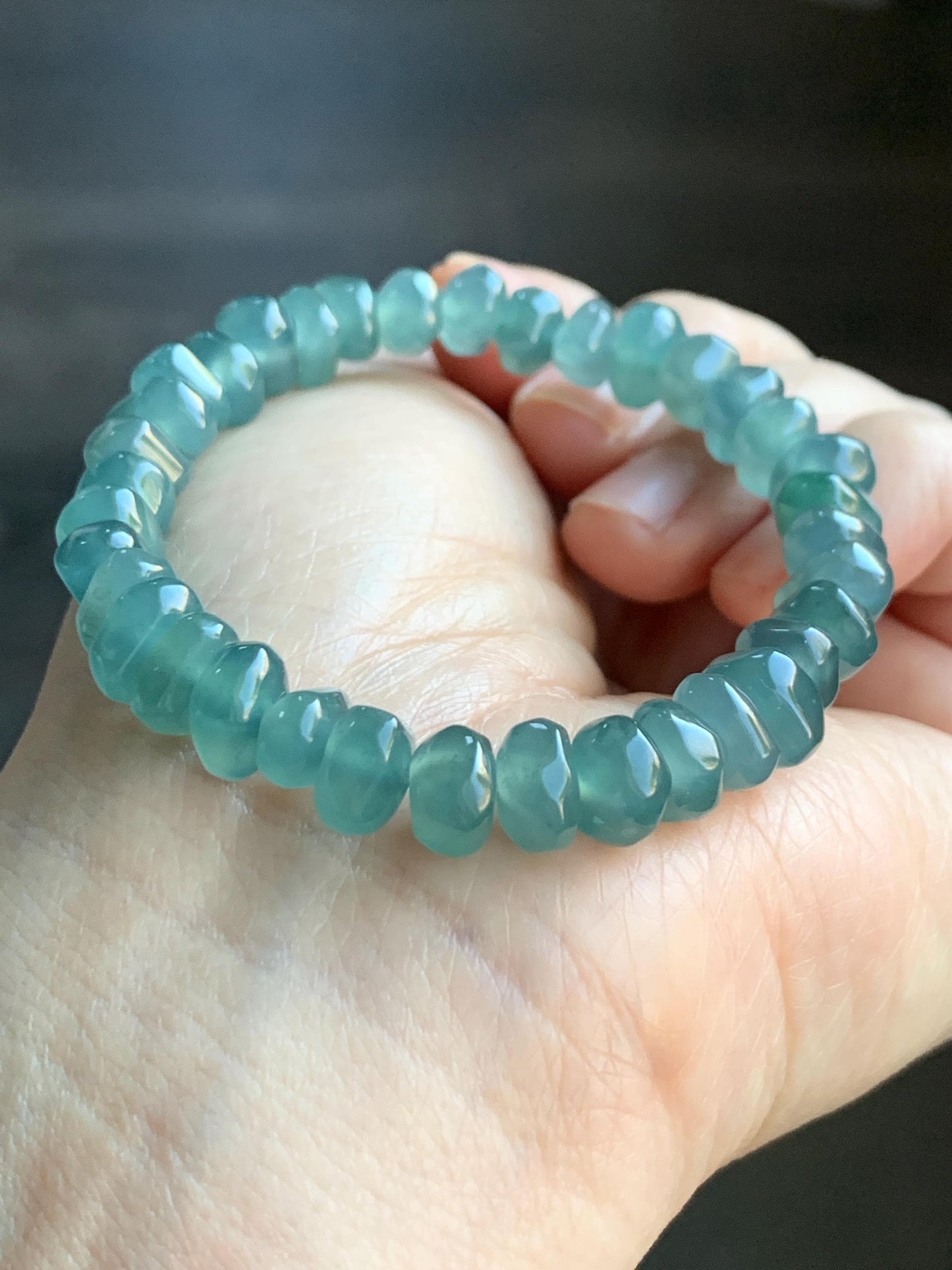 Natural Guatemalan Icy Highly Translucent Teal Blue Jadeite Pomegranate Nugget Beads Beaded Bracelet Stretchy 6.5” 21g 天然冰危蓝水翡翠随形珠手串 No 1