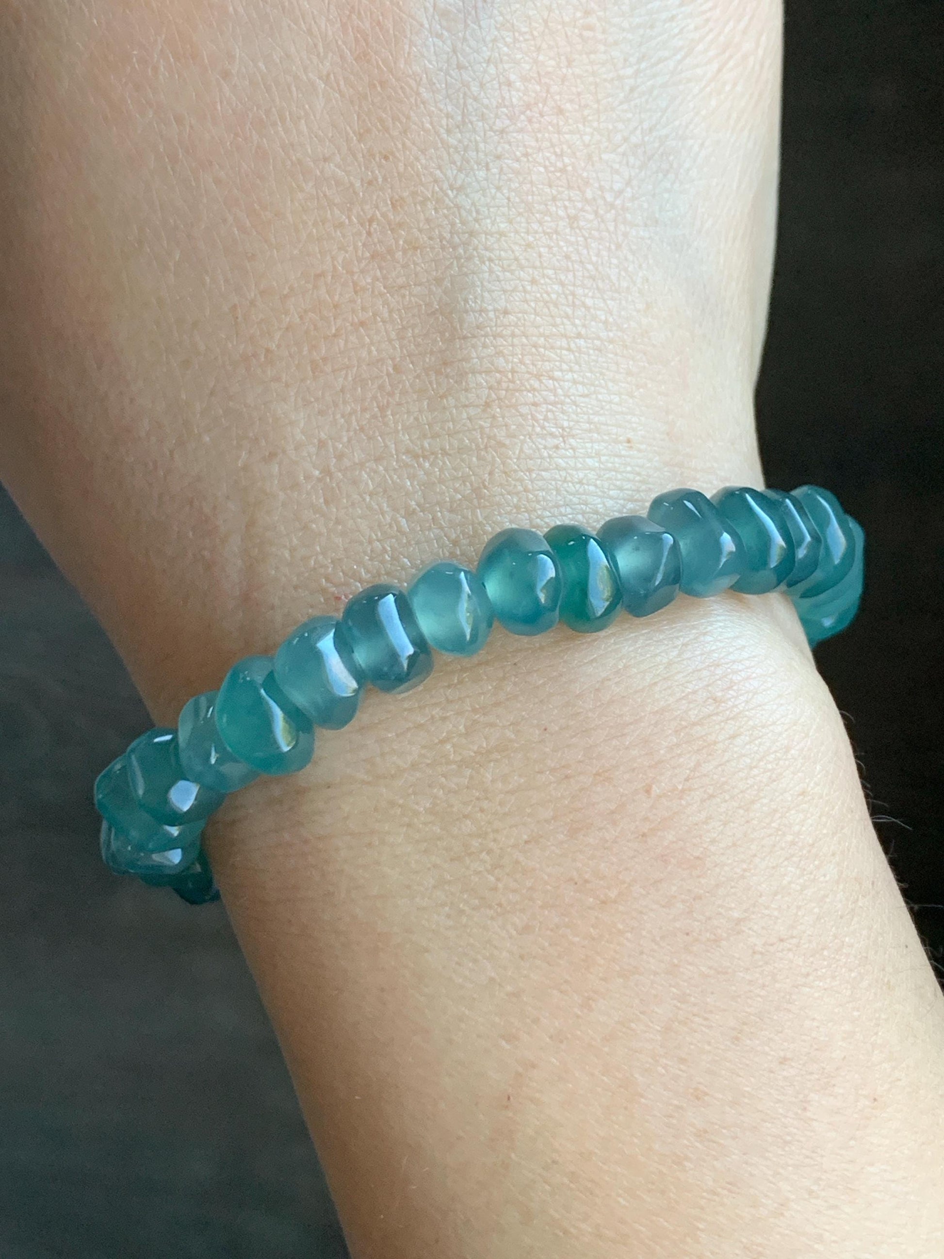 Natural Guatemalan Icy Highly Translucent Teal Blue Jadeite Pomegranate Nugget Beads Beaded Bracelet Stretchy 6.5” 21g 天然冰危蓝水翡翠随形珠手串 No 1