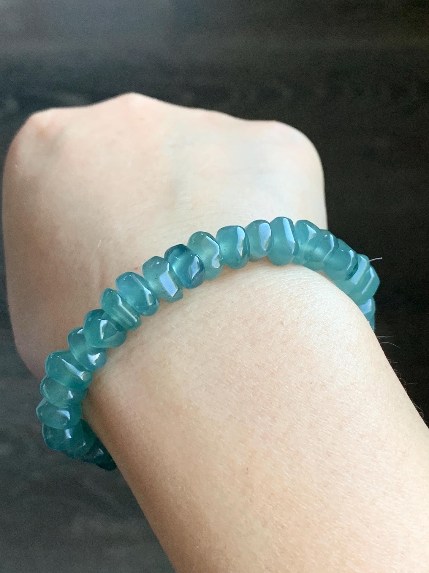 Natural Guatemalan Icy Highly Translucent Teal Blue Jadeite Pomegranate Nugget Beads Beaded Bracelet Stretchy 6.5” 21g 天然冰危蓝水翡翠随形珠手串 No 1
