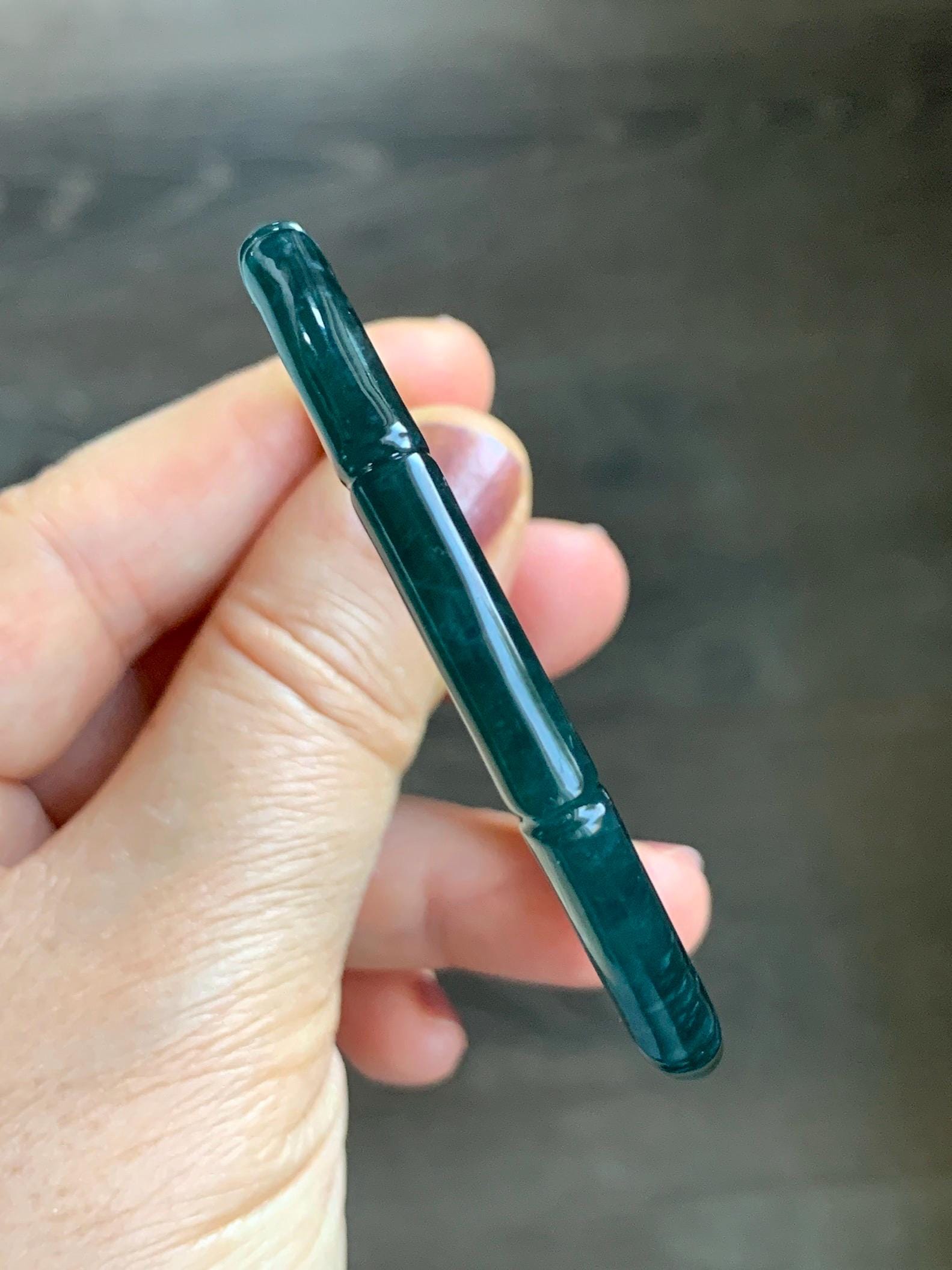 Certified Natural Guatemalan Icy Translucent Dark Teal Green Jadeite Carved Bamboo Bangle Bracelet 57mm 7” 20g 天然冰危深篮绿翡翠竹节手镯 7825