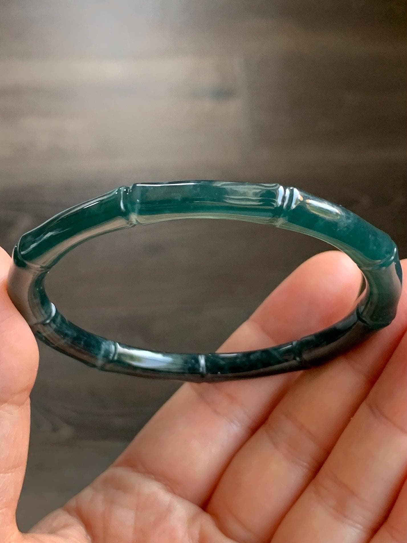 Certified Natural Guatemalan Icy Translucent Dark Teal Green Jadeite Carved Bamboo Bangle Bracelet 57mm 7” 20g 天然冰危深篮绿翡翠竹节手镯 7825