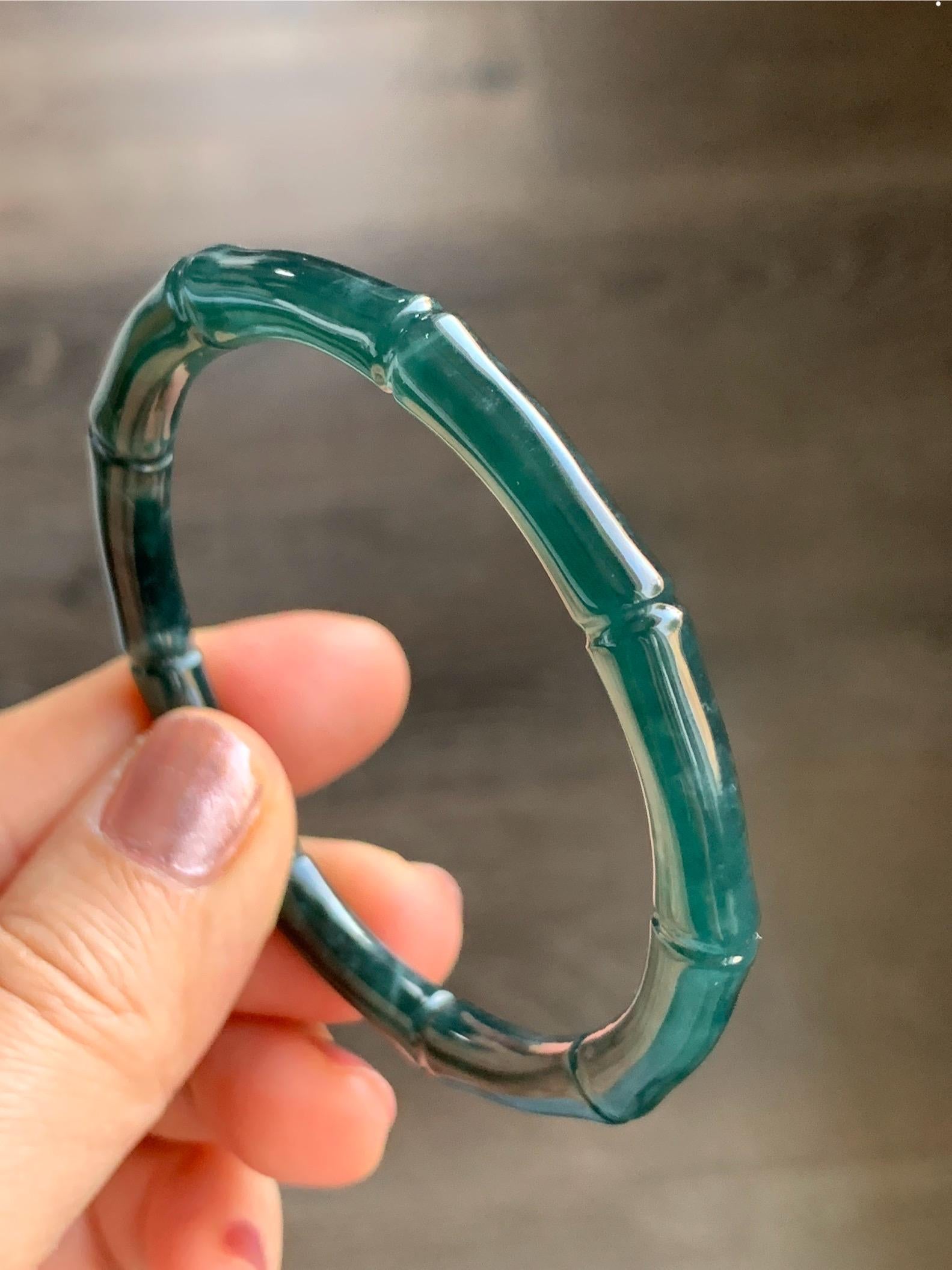 Certified Natural Guatemalan Icy Translucent Dark Teal Green Jadeite Carved Bamboo Bangle Bracelet 57mm 7” 20g 天然冰危深篮绿翡翠竹节手镯 7825