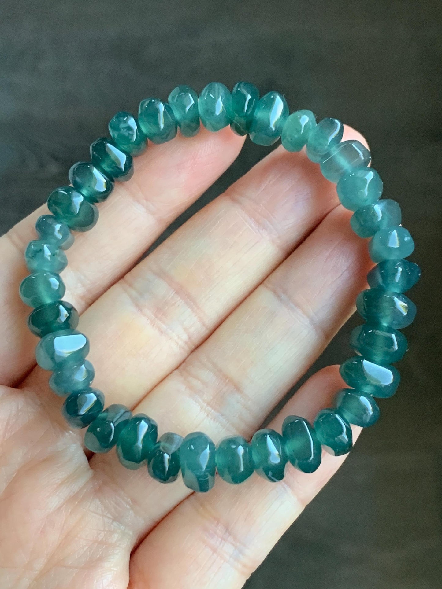 Natural Guatemalan Icy Highly Translucent Dark Teal Blue Jadeite Pomegranate Nugget Beads Beaded Bracelet 6.25” 21g 天然冰危深蓝水翡翠随形珠手串 No 2