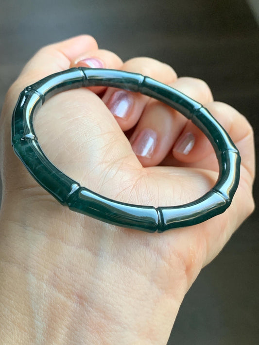 Certified Natural Guatemalan Icy Translucent Dark Teal Green Jadeite Carved Bamboo Bangle Bracelet 57mm 7” 20g 天然冰危深篮绿翡翠竹节手镯 7825