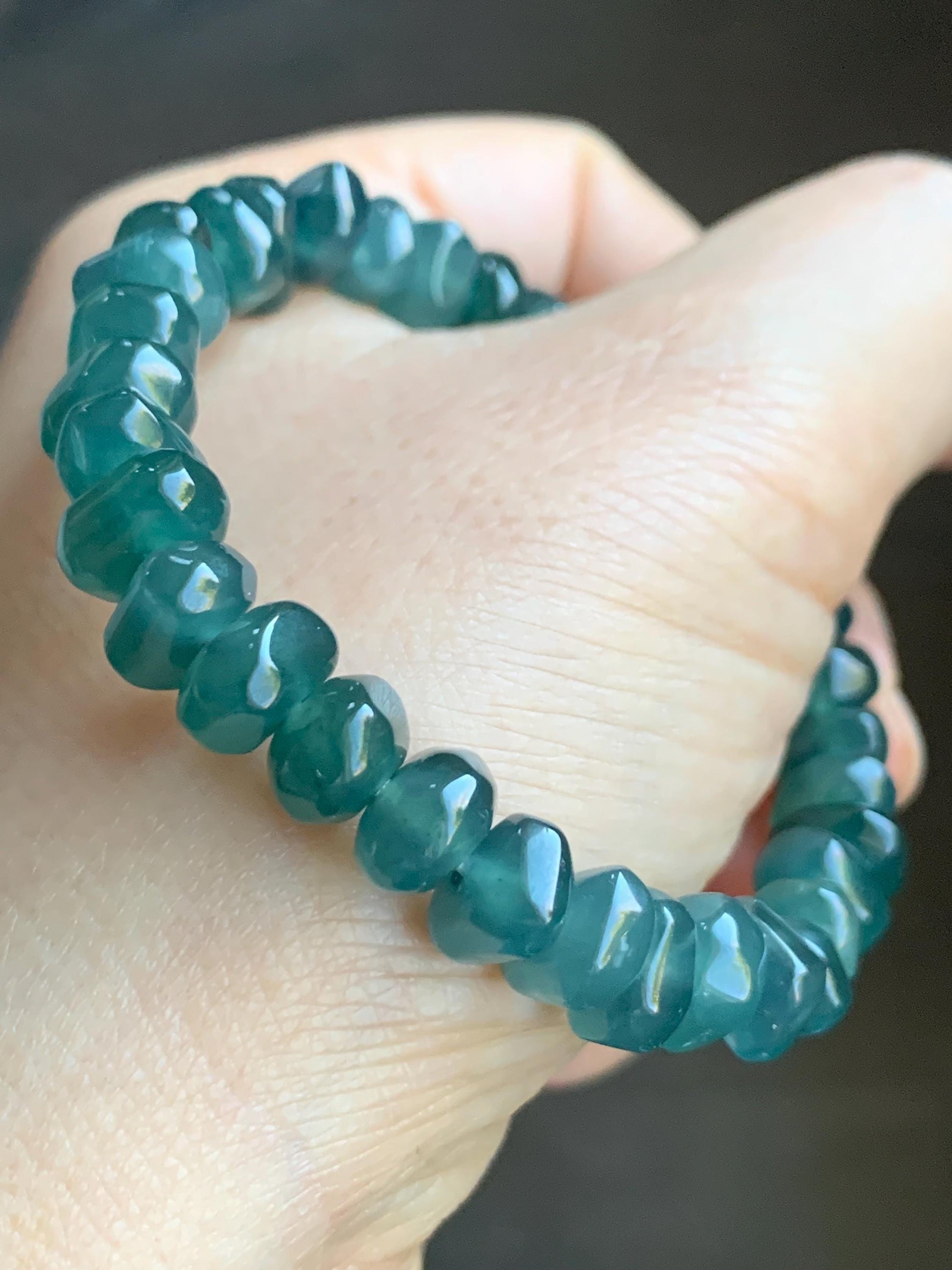 Natural Guatemalan Icy Highly Translucent Dark Teal Blue Jadeite Pomegranate Nugget Beads Beaded Bracelet 6.25” 21g 天然冰危深蓝水翡翠随形珠手串 No 2