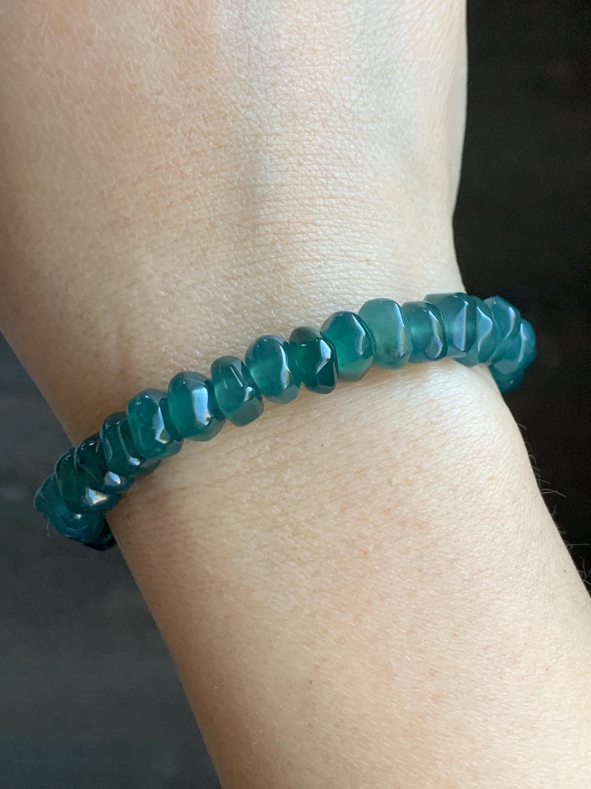 Natural Guatemalan Icy Highly Translucent Dark Teal Blue Jadeite Pomegranate Nugget Beads Beaded Bracelet 6.25” 21g 天然冰危深蓝水翡翠随形珠手串 No 2