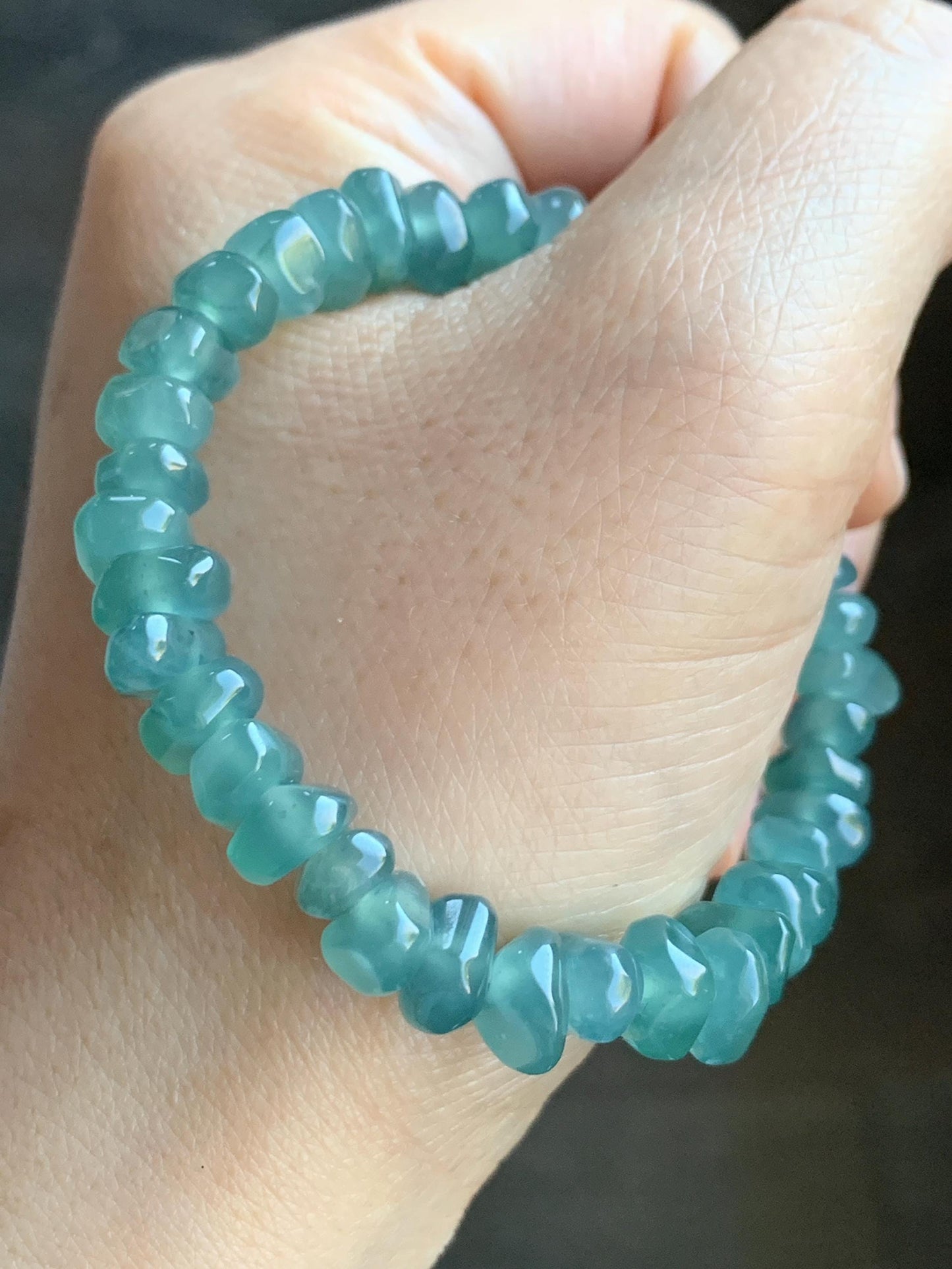 Natural Guatemalan Icy Highly Translucent Teal Blue Jadeite Pomegranate Nugget Beads Beaded Bracelet Stretchy 6.25” 20g 天然冰危蓝水翡翠随形珠手串 No 3