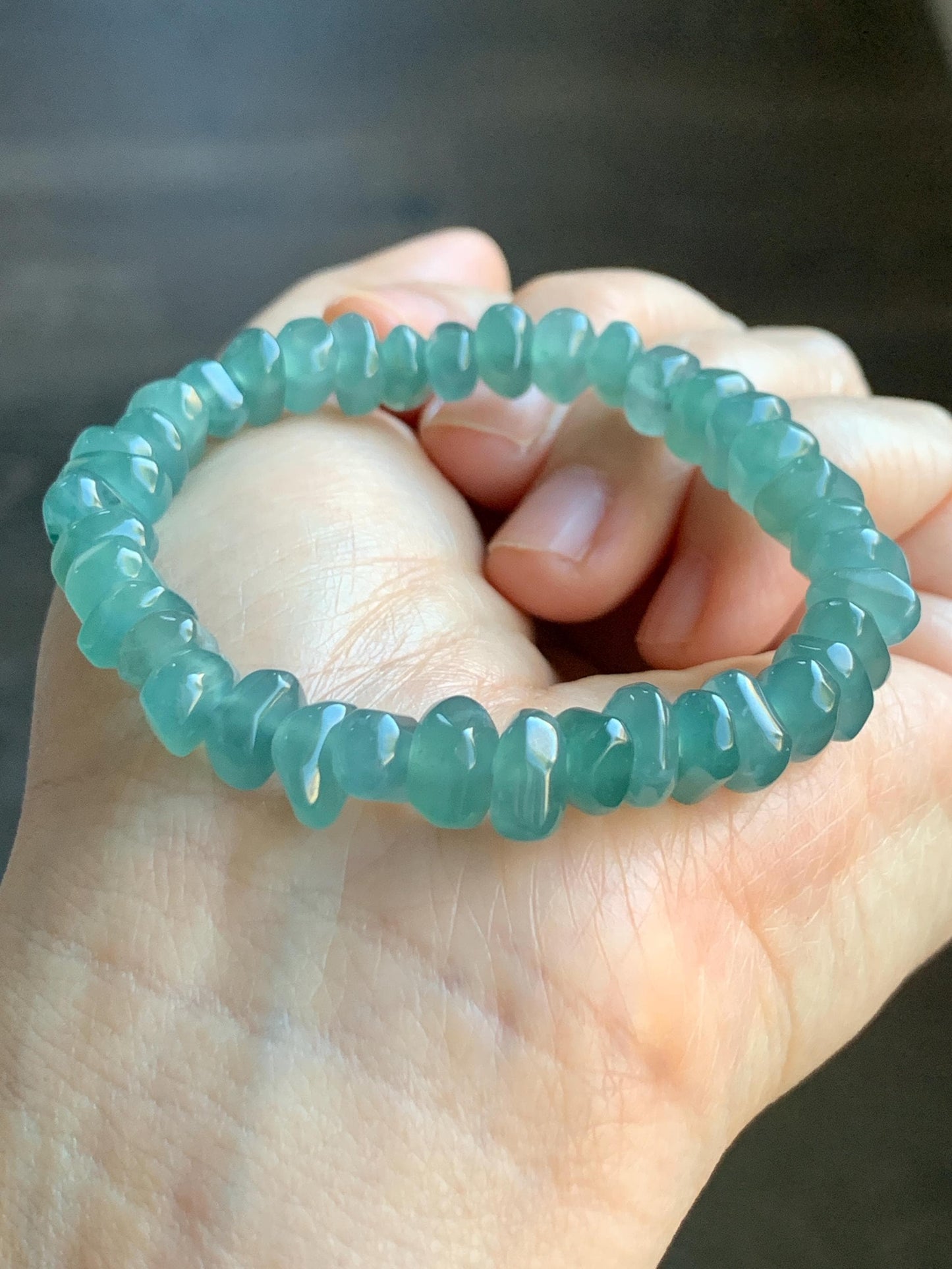 Natural Guatemalan Icy Highly Translucent Teal Blue Jadeite Pomegranate Nugget Beads Beaded Bracelet Stretchy 6.25” 20g 天然冰危蓝水翡翠随形珠手串 No 3