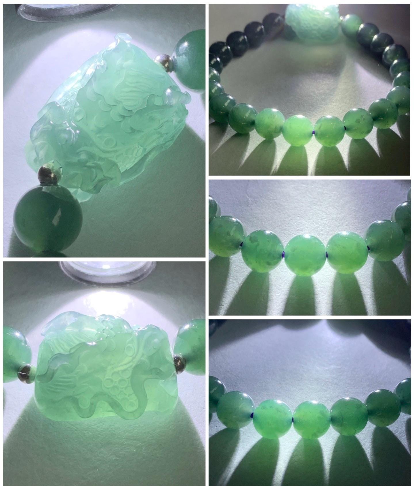 Natural Guatemalan Icy Highly Translucent Dusty Blue Jadeite Dragon Head Teal Blue Beaded Bracelet Sterling Silver 7” 24g 天然冰胶起光危蓝翡翠精工龙头圆珠手串