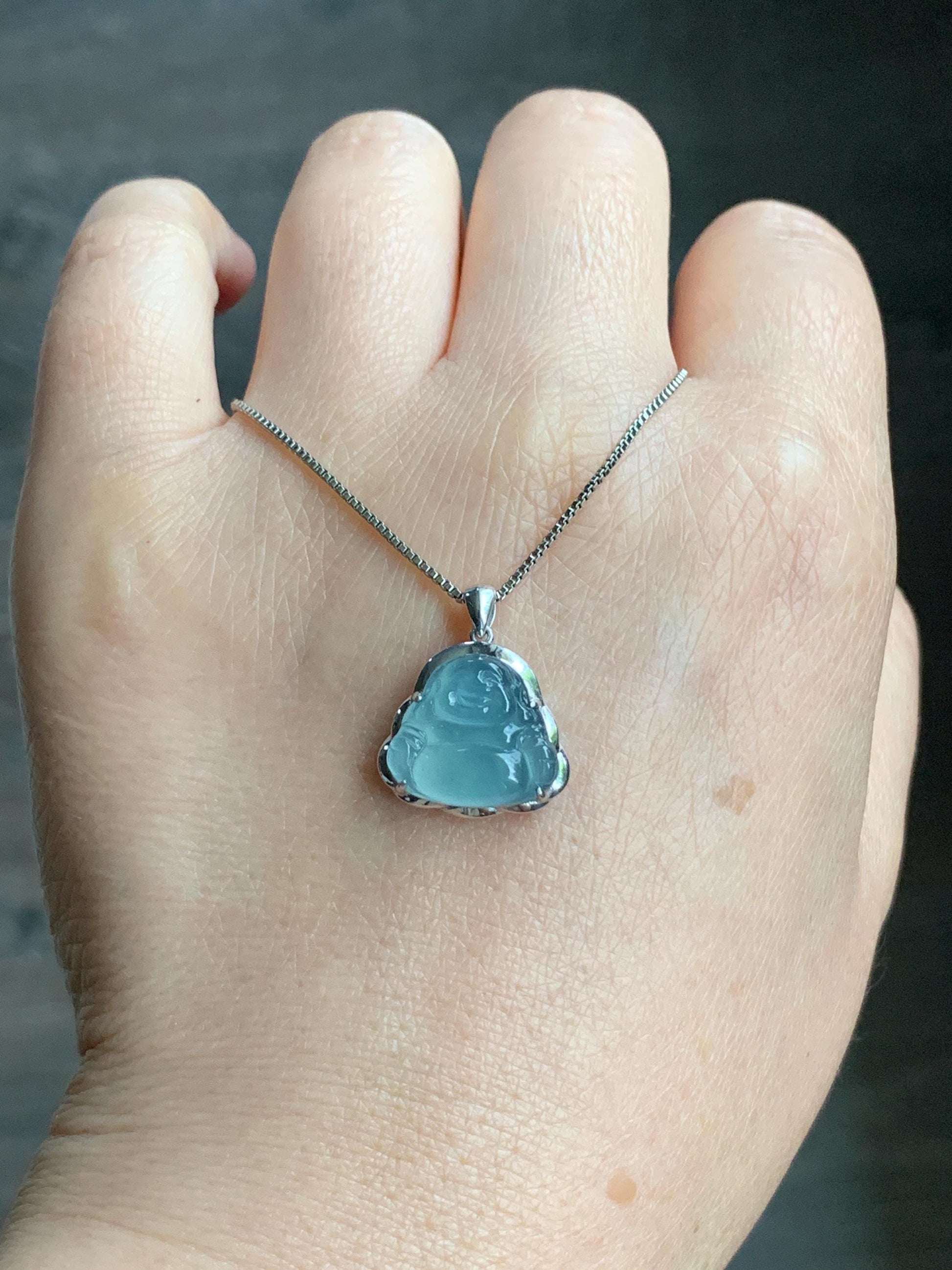 Certified Natural Guatemalan Icy Highly Translucent Light Teal Blue Jadeite Buddha Petite Pendant Sterling Silver 天然老种高冰危蓝绿翡翠起光佛公镶嵌吊坠 3024