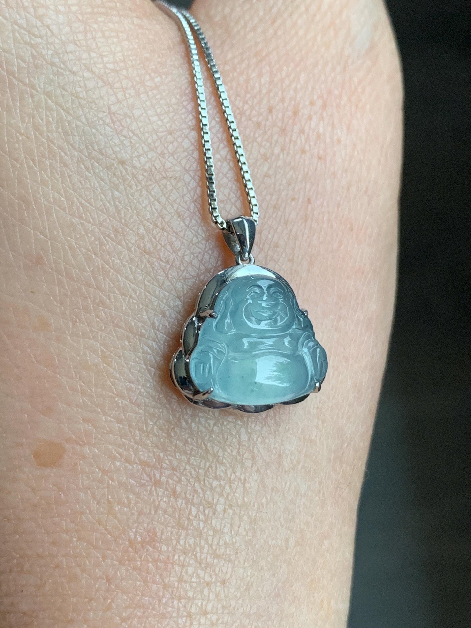 Certified Natural Guatemalan Icy Highly Translucent Light Teal Blue Jadeite Buddha Petite Pendant Sterling Silver 天然老种高冰危蓝绿翡翠起光佛公镶嵌吊坠 3024