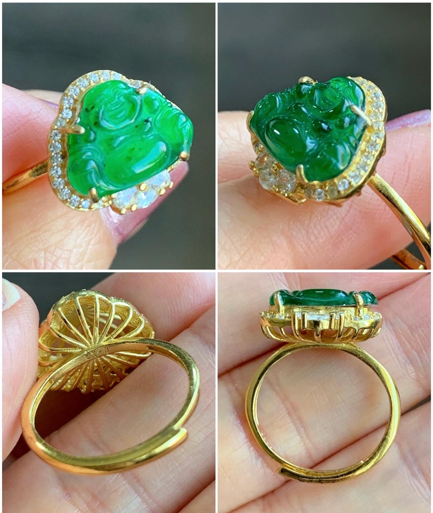 Natural Guatemalan Icy Translucent Vibrant Green Jadeite Buddha Ring Sterling Silver Yellow Gold Overlay Size 7 Adjustable 天然冰危绿翡翠佛公银镶戒指