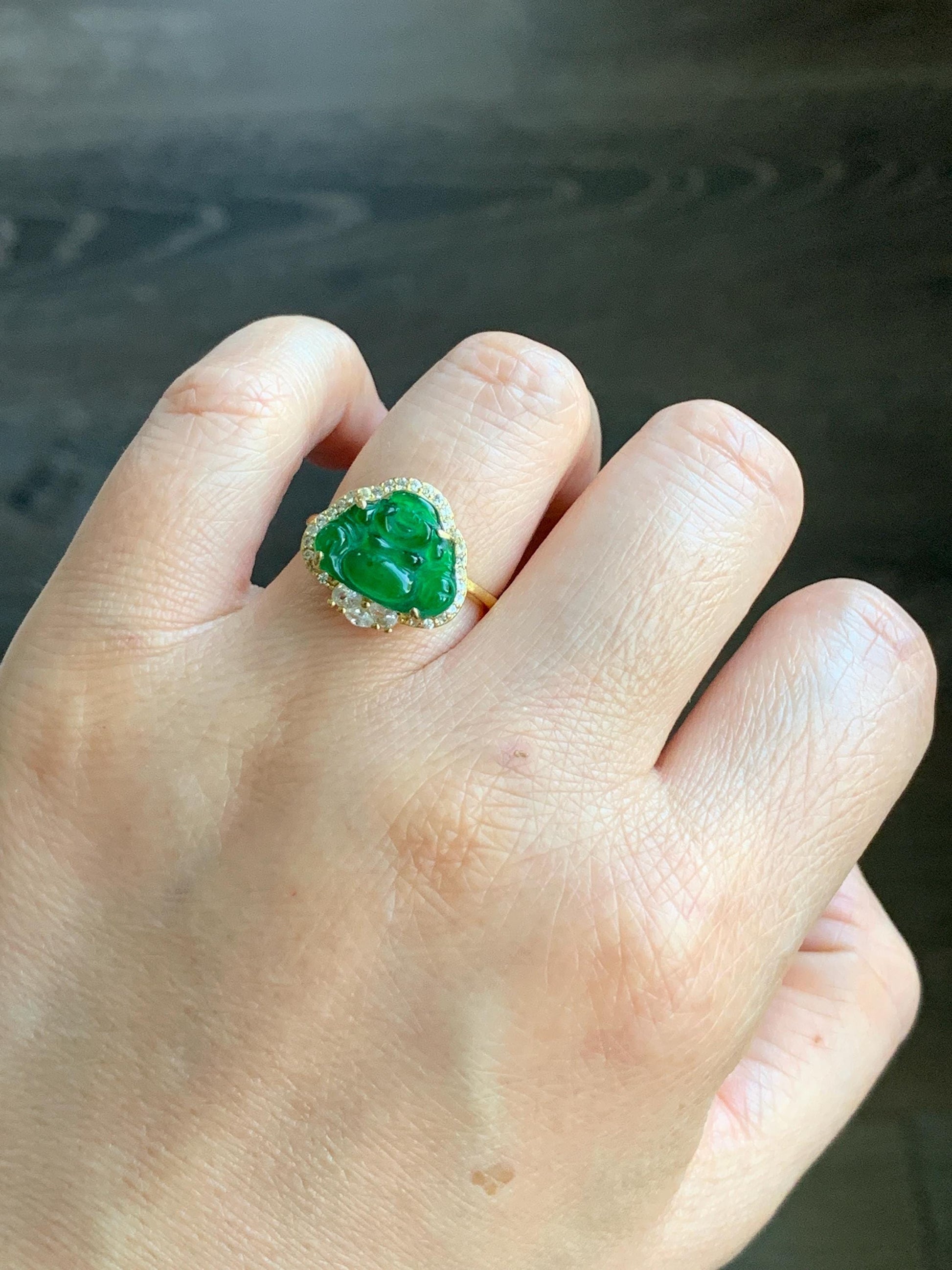 Natural Guatemalan Icy Translucent Vibrant Green Jadeite Buddha Ring Sterling Silver Yellow Gold Overlay Size 7 Adjustable 天然冰危绿翡翠佛公银镶戒指