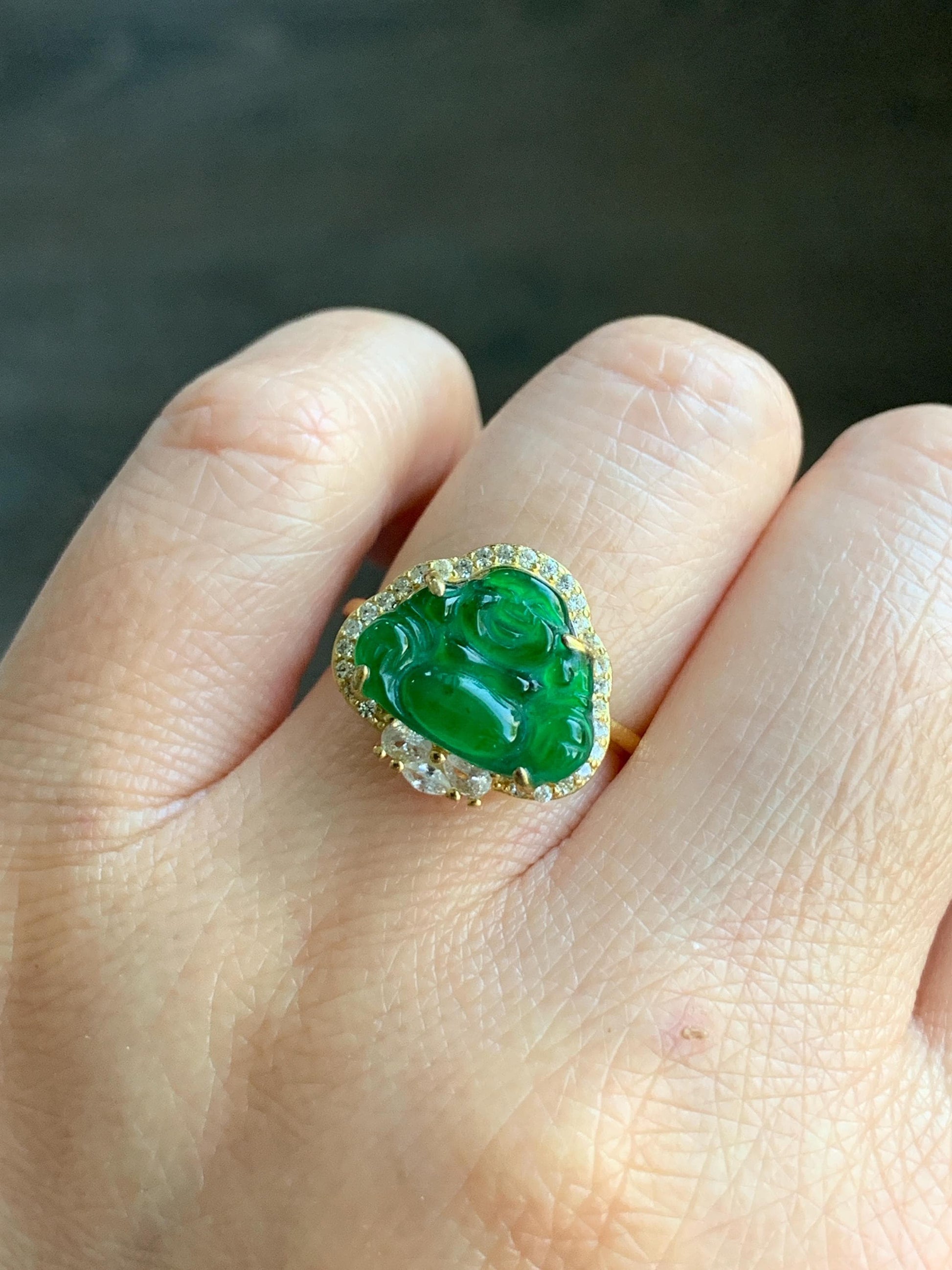 Natural Guatemalan Icy Translucent Vibrant Green Jadeite Buddha Ring Sterling Silver Yellow Gold Overlay Size 7 Adjustable 天然冰危绿翡翠佛公银镶戒指