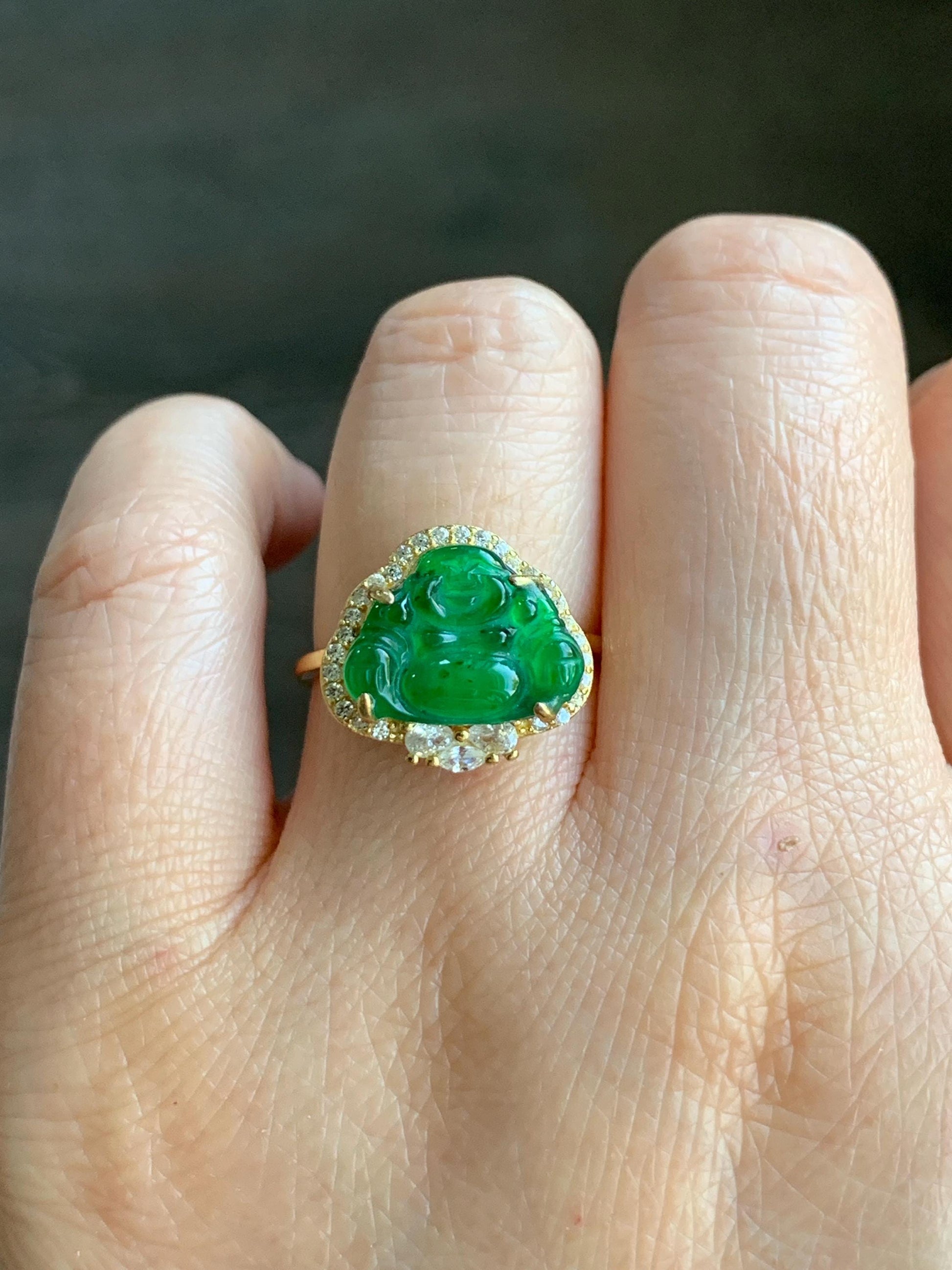Natural Guatemalan Icy Translucent Vibrant Green Jadeite Buddha Ring Sterling Silver Yellow Gold Overlay Size 7 Adjustable 天然冰危绿翡翠佛公银镶戒指