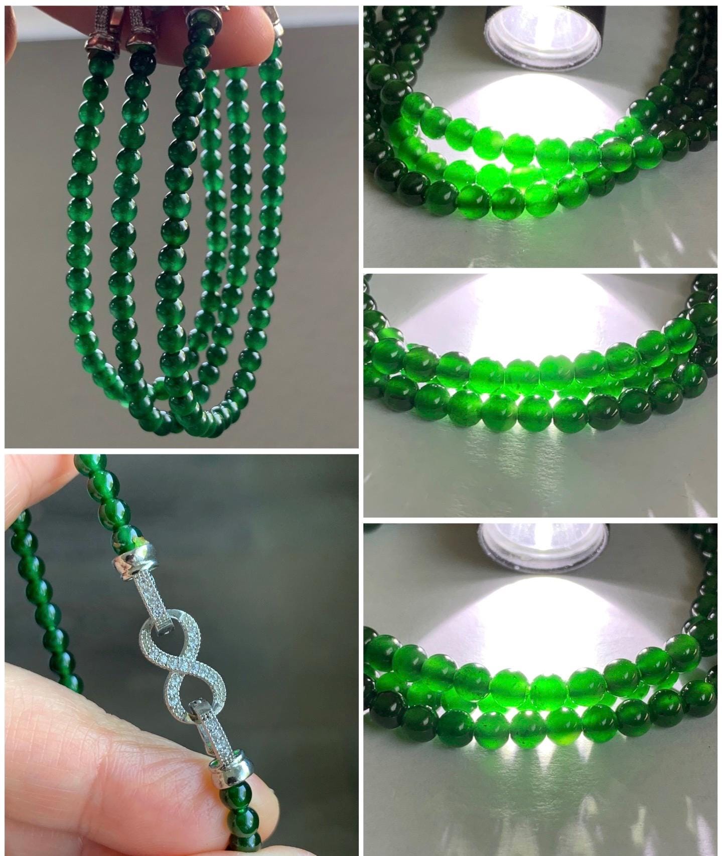 Natural Guatemalan Icy Highly Translucent Rich Green Jadeite Small Round Beads Beaded Bracelet 6.75” 3.9mm 8-9g 天然高冰危绿翡翠小卡圆珠手串 KSWL200