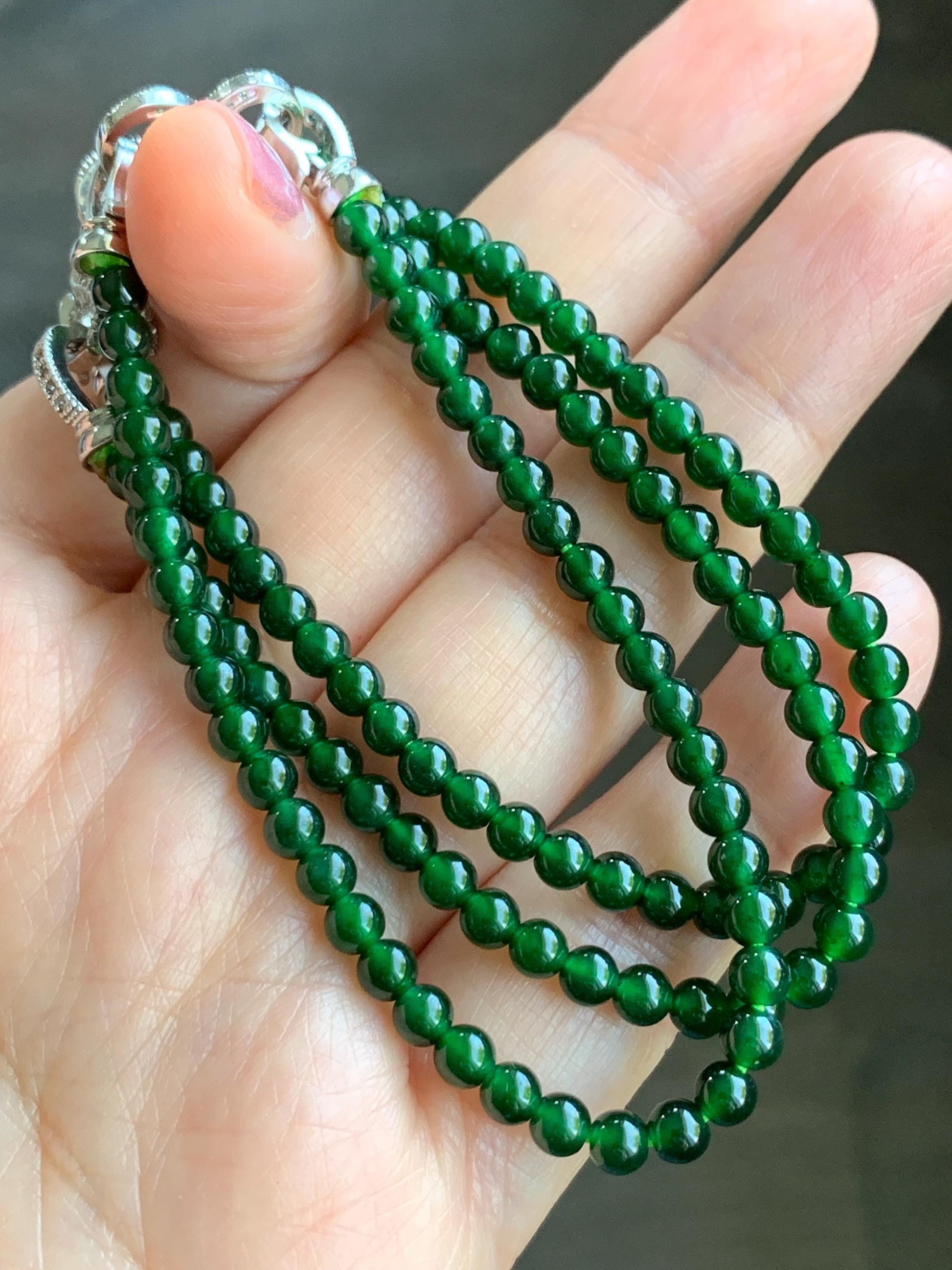 Natural Guatemalan Icy Highly Translucent Rich Green Jadeite Small Round Beads Beaded Bracelet 6.75” 3.9mm 8-9g 天然高冰危绿翡翠小卡圆珠手串 KSWL200