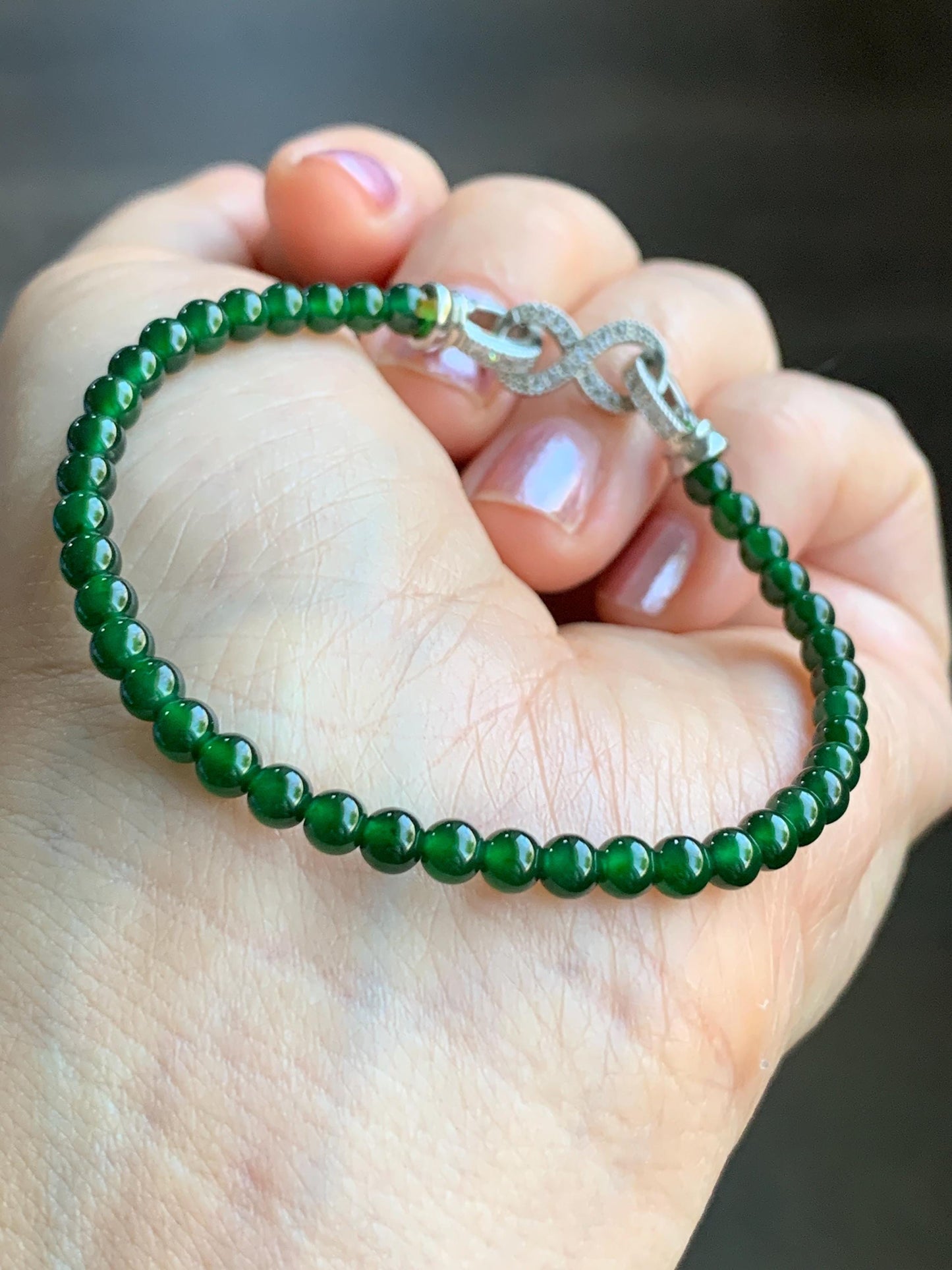 Natural Guatemalan Icy Highly Translucent Rich Green Jadeite Small Round Beads Beaded Bracelet 6.75” 3.9mm 8-9g 天然高冰危绿翡翠小卡圆珠手串 KSWL200