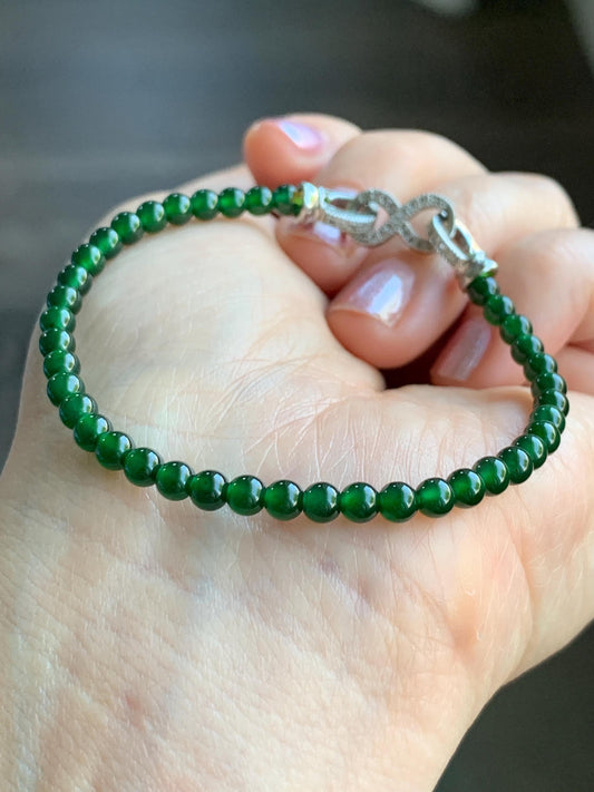 Natural Guatemalan Icy Highly Translucent Rich Green Jadeite Small Round Beads Beaded Bracelet 6.75” 3.9mm 8-9g 天然高冰危绿翡翠小卡圆珠手串 KSWL200