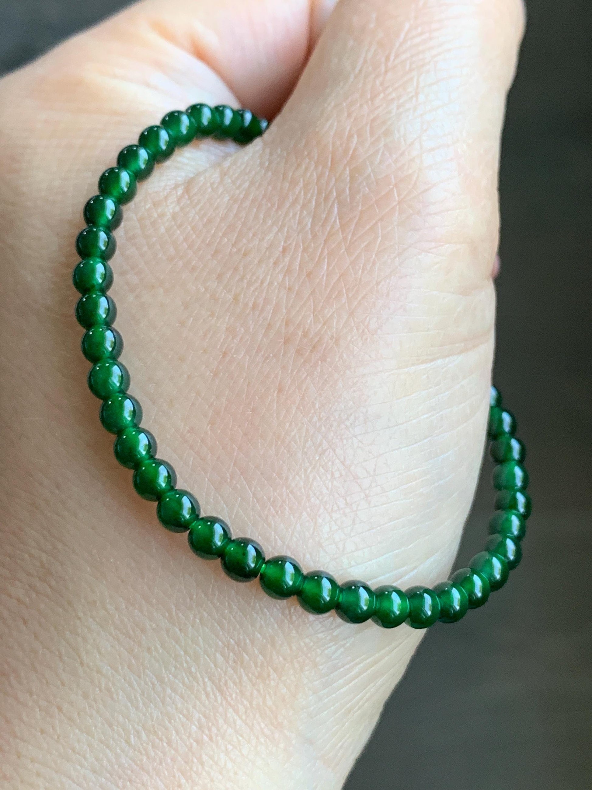Natural Guatemalan Icy Highly Translucent Rich Green Jadeite Small Round Beads Beaded Bracelet 6.75” 3.9mm 8-9g 天然高冰危绿翡翠小卡圆珠手串 KSWL200