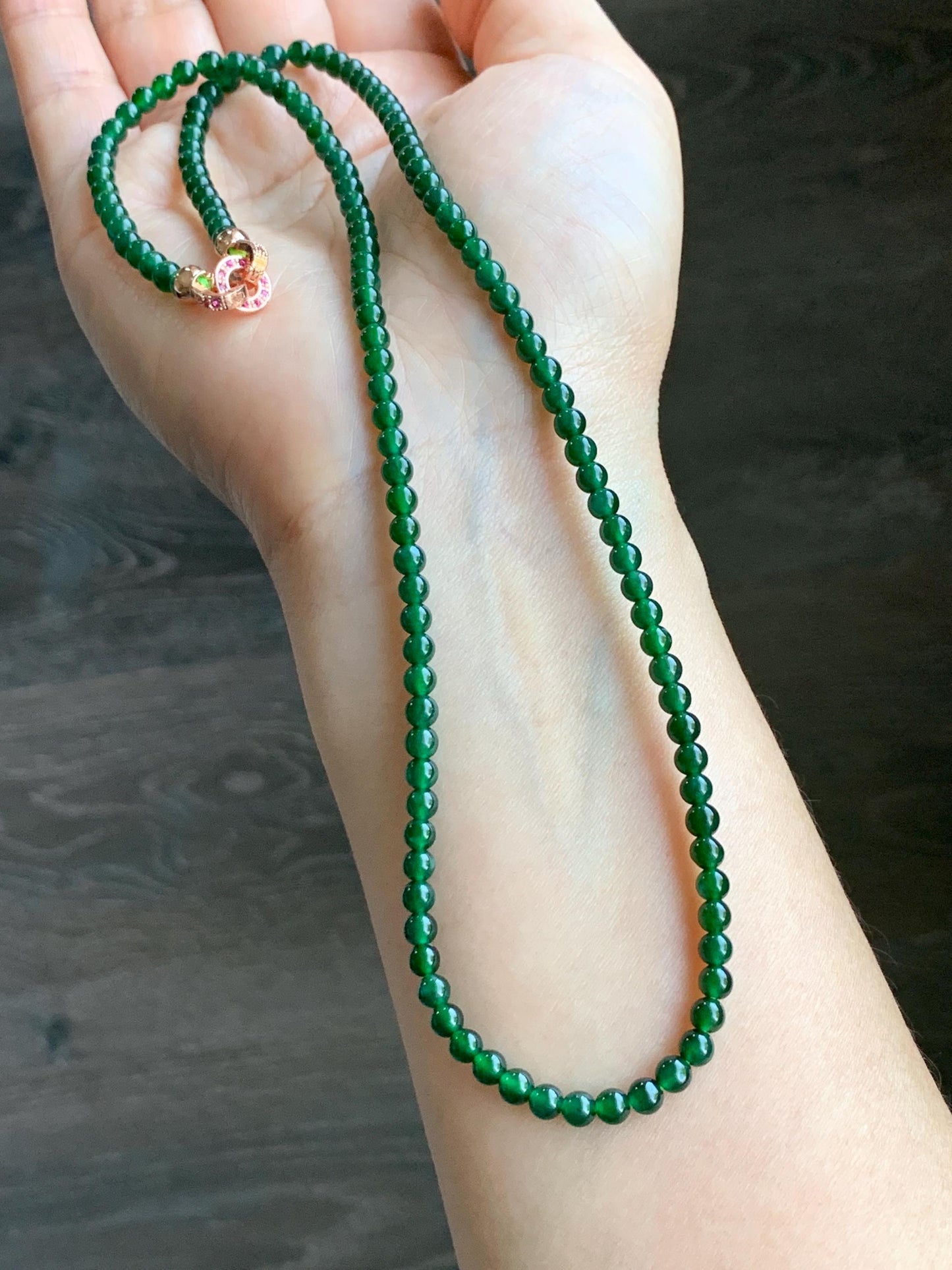 Certified Natural Guatemalan Icy Translucent Rich Green Jadeite Petite Round Beads Beaded Necklace 4.1mm 20.5" 16g 天然老种冰危绿翡翠小圆珠项链 7847
