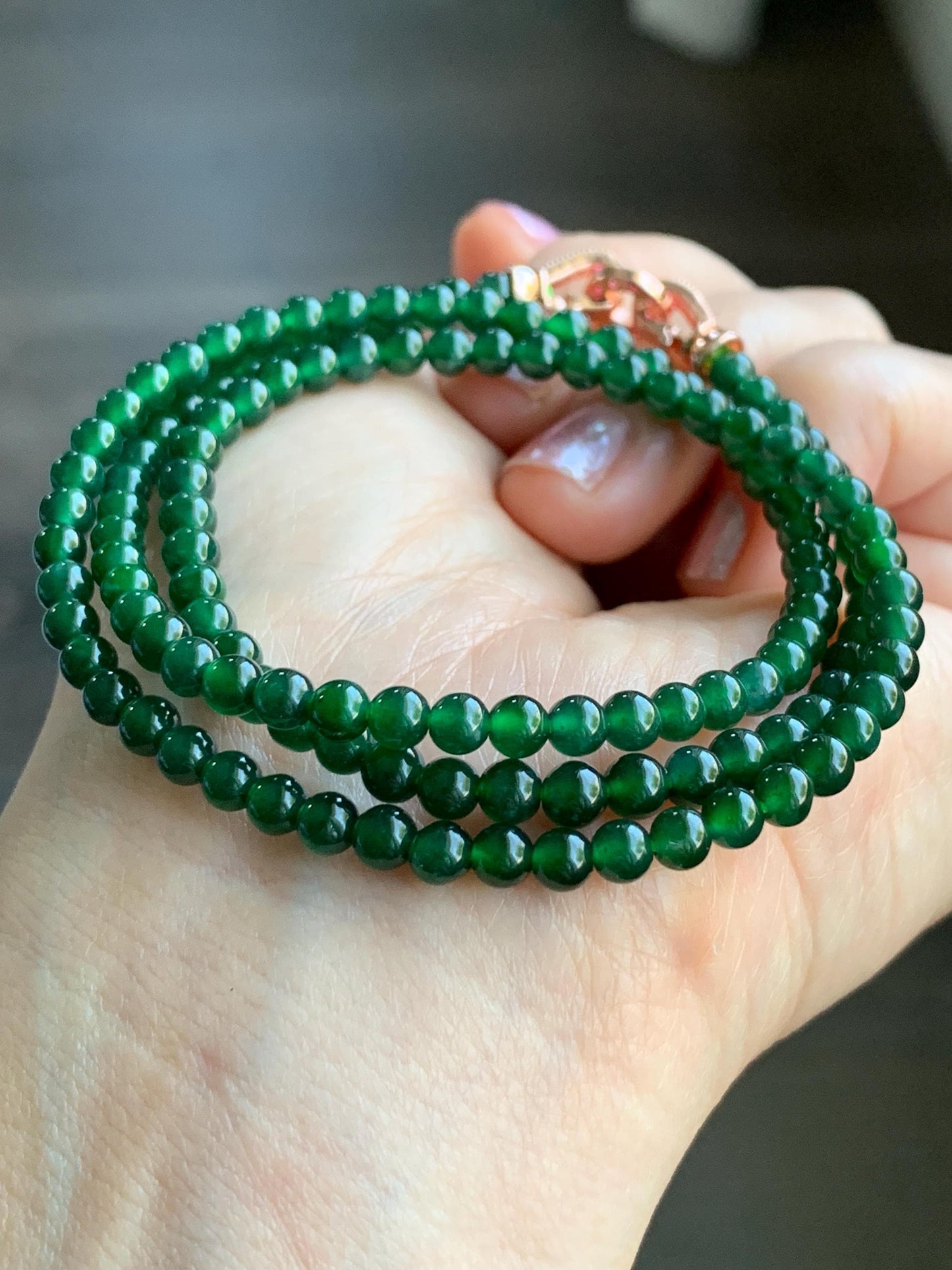 Certified Natural Guatemalan Icy Translucent Rich Green Jadeite Petite Round Beads Beaded Necklace 4.1mm 20.5" 16g 天然老种冰危绿翡翠小圆珠项链 7847