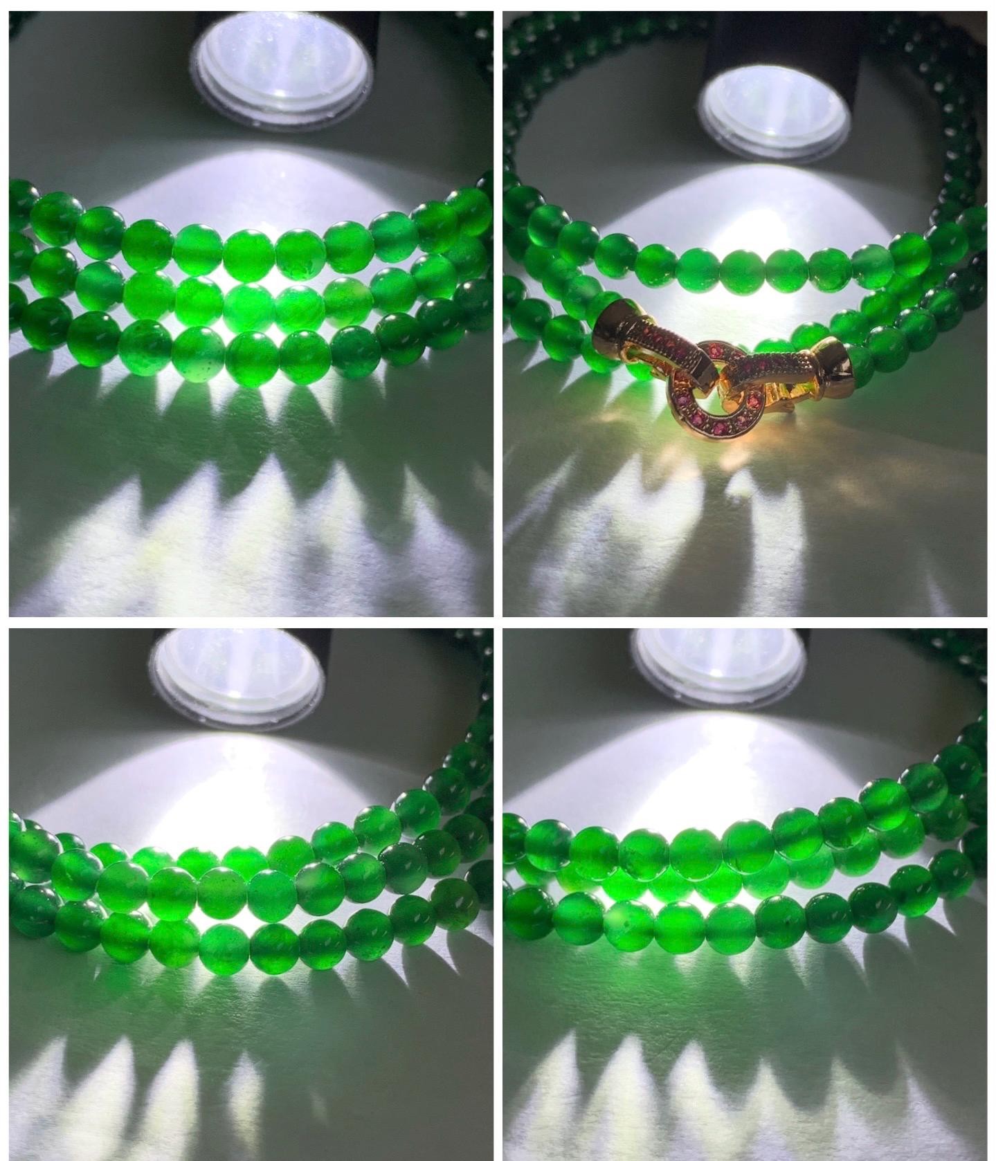 Certified Natural Guatemalan Icy Translucent Rich Green Jadeite Petite Round Beads Beaded Necklace 3.9mm 20.5" 14.27g 天然老种冰危绿翡翠小圆珠项链 7845