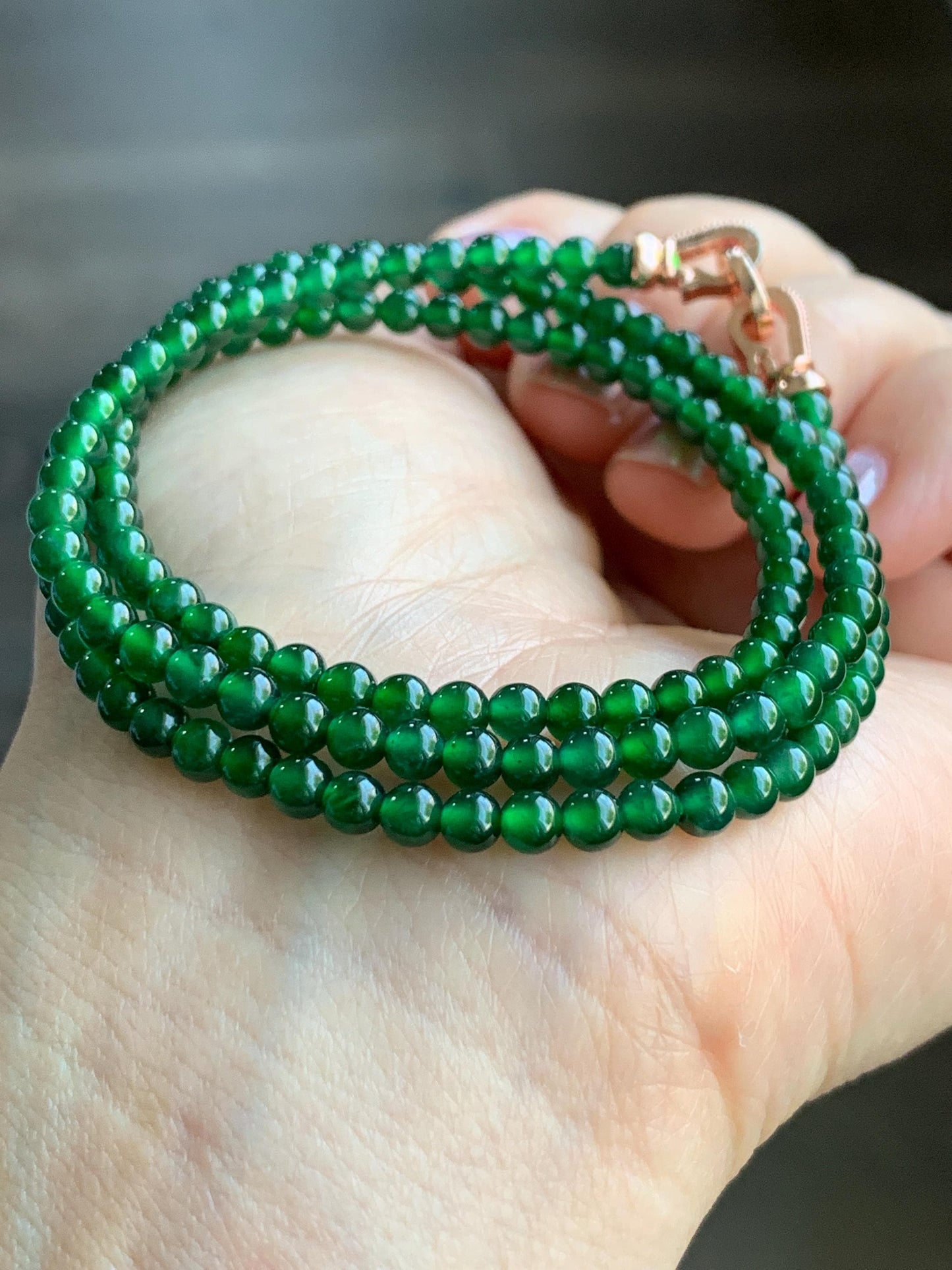 Certified Natural Guatemalan Icy Translucent Rich Green Jadeite Petite Round Beads Beaded Necklace 3.9mm 20.5" 14.27g 天然老种冰危绿翡翠小圆珠项链 7845