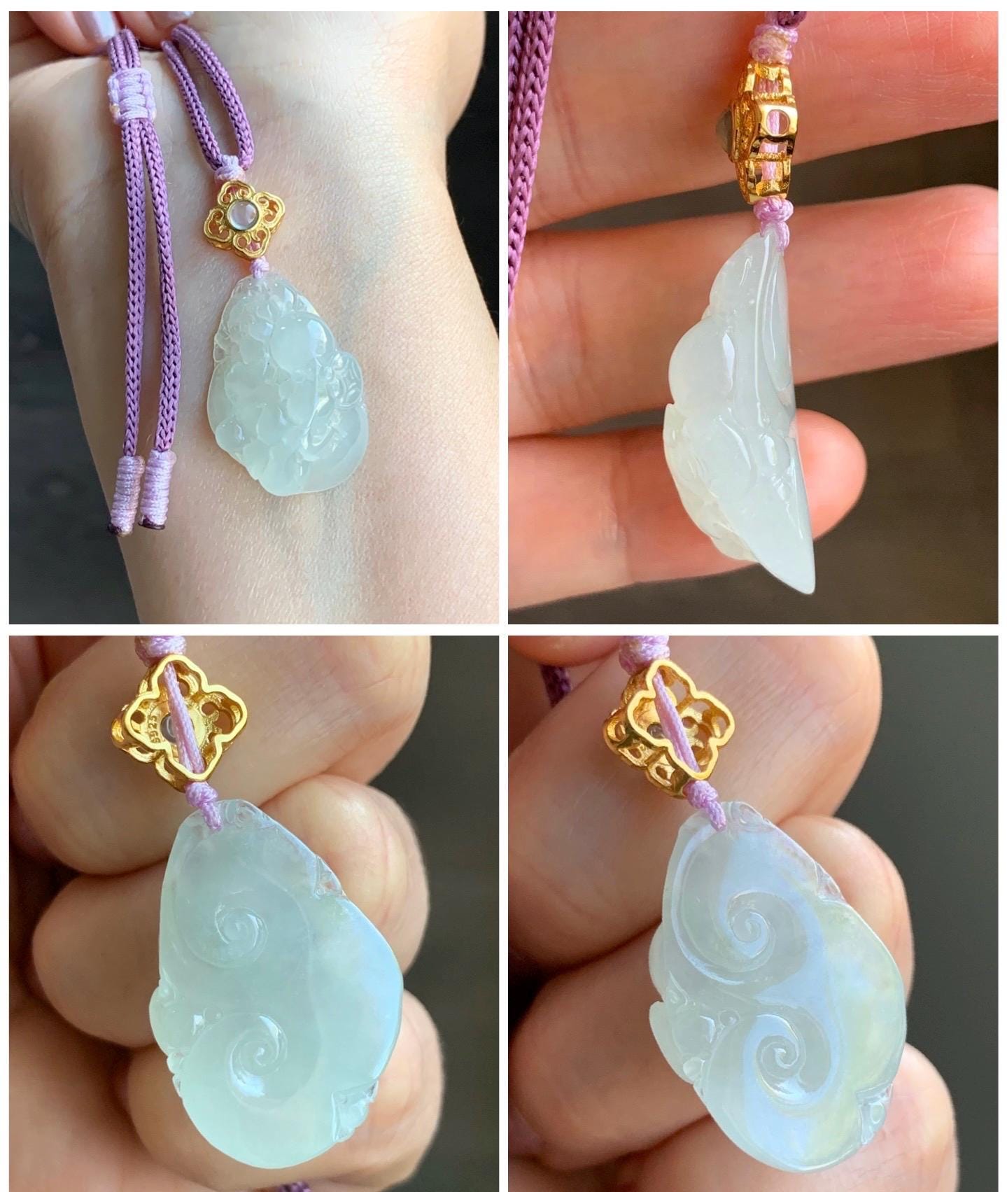 Certified Natural Burmese Premium Icy Pale Green Jadeite Lotus Flower Goldfish Ruyi Pendant Necklace Sterling Silver 8g 天然缅甸冰胶起光淡晴底翡翠莲花鱼如意吊坠
