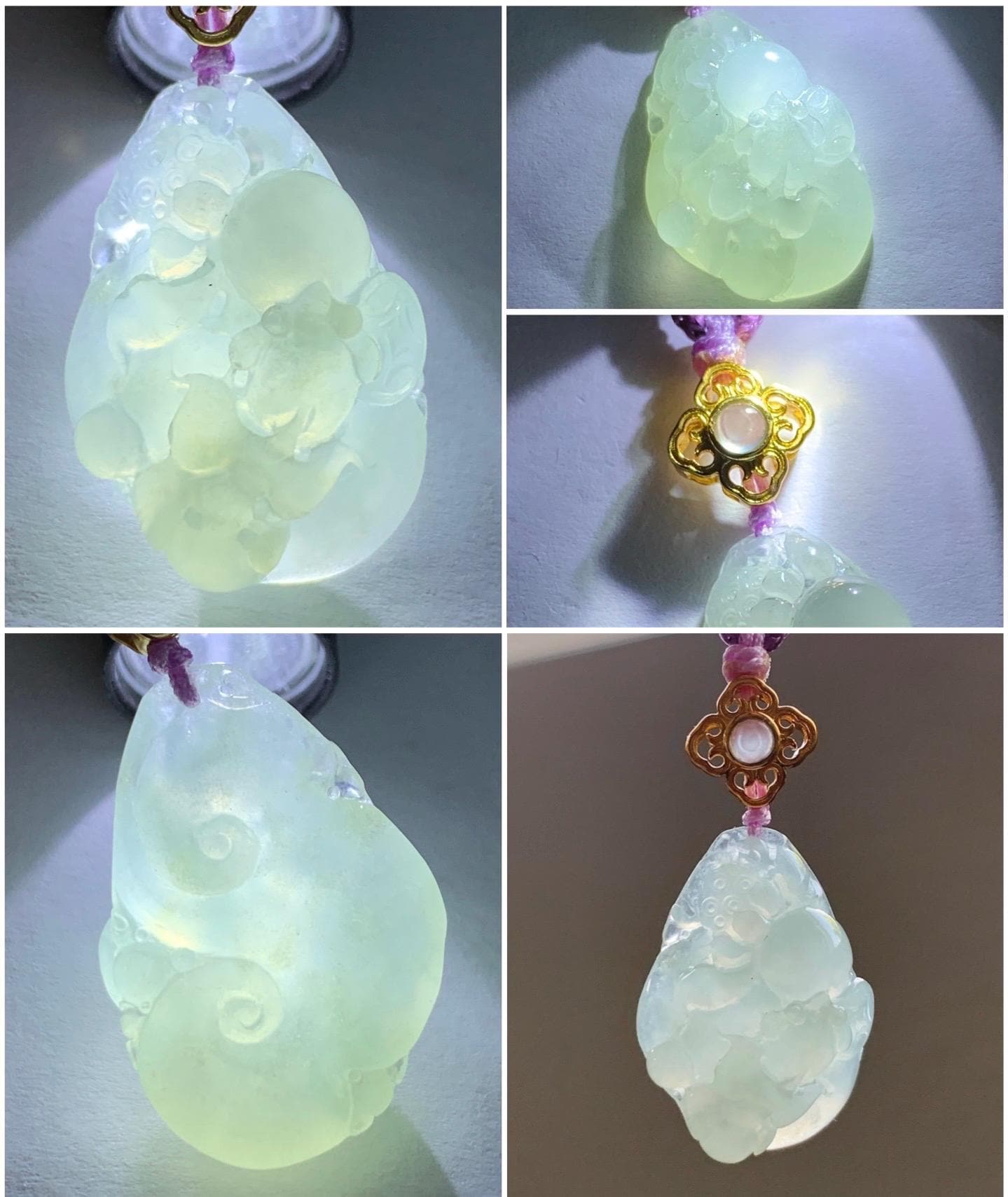 Certified Natural Burmese Premium Icy Pale Green Jadeite Lotus Flower Goldfish Ruyi Pendant Necklace Sterling Silver 8g 天然缅甸冰胶起光淡晴底翡翠莲花鱼如意吊坠